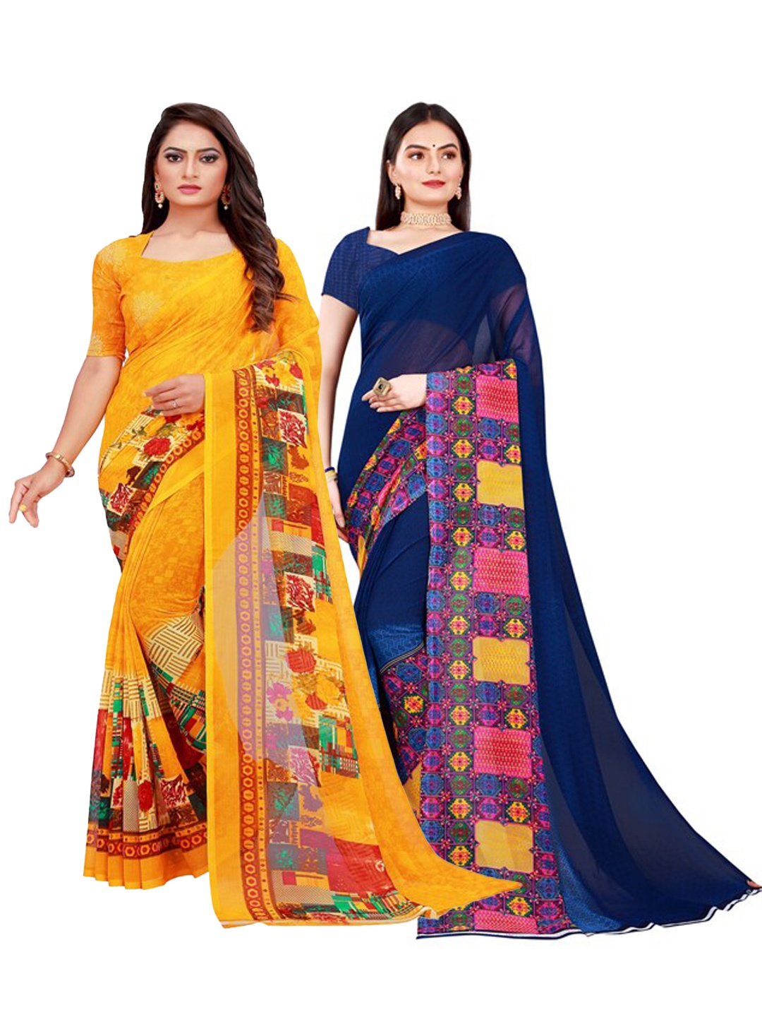 

Silk Bazar Pack of 2 Yellow & Navy Blue Pure Georgette Saree