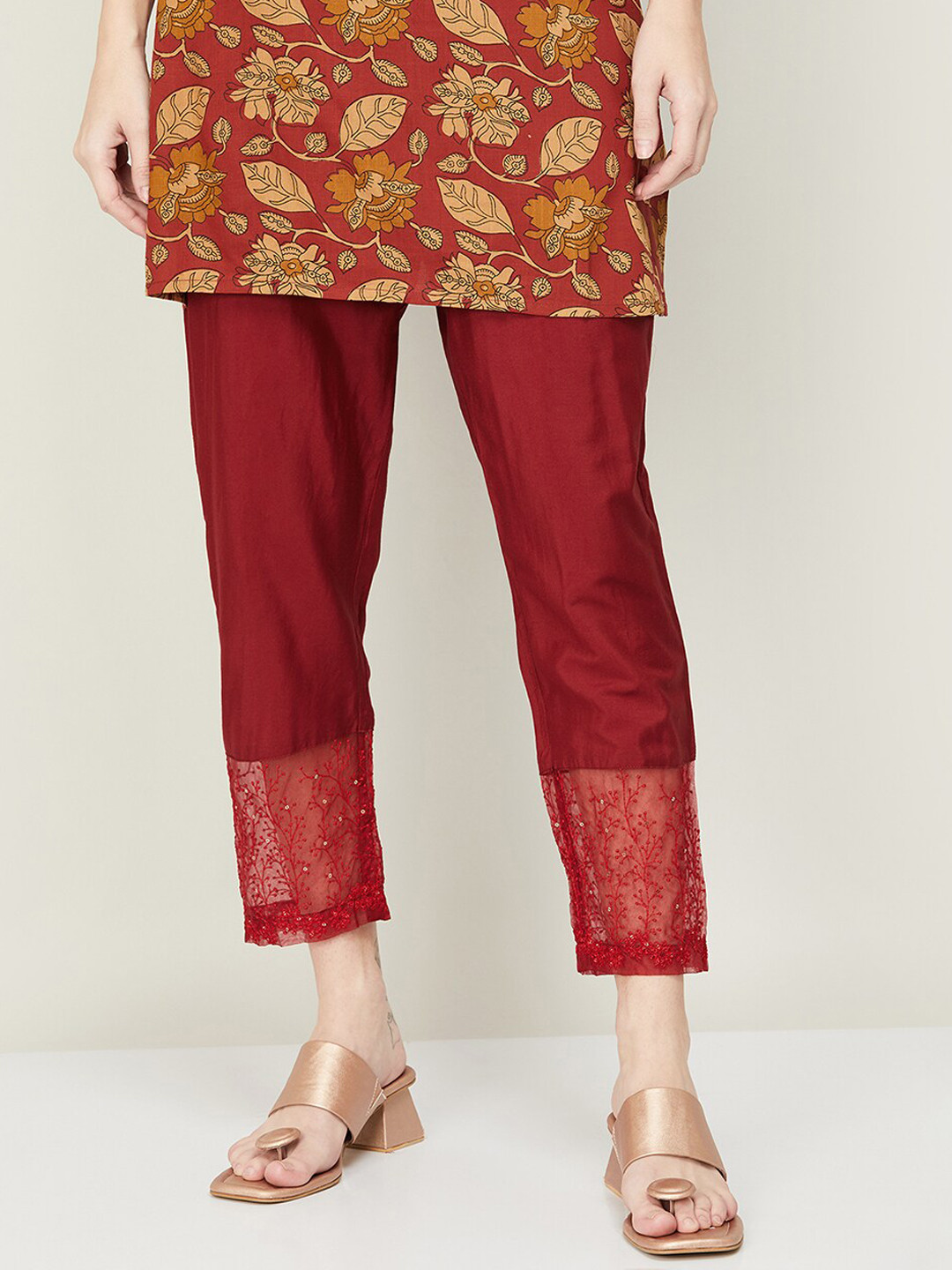 

Melange by Lifestyle Women Red Floral Self Design Trouser