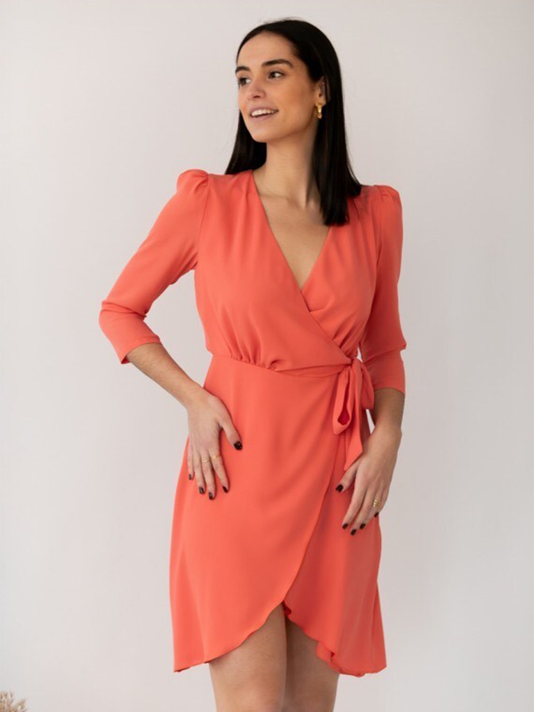 

KHUSHBOO AND PANKAJ Orange Solid Wrap Crepe Dress