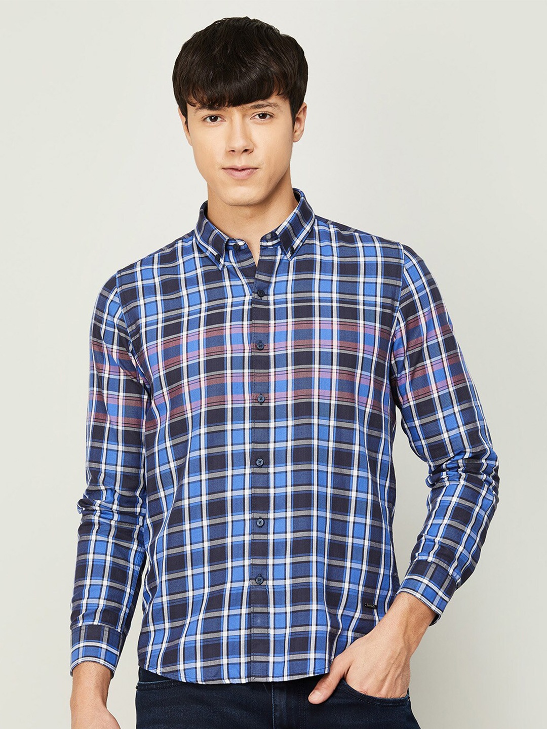 

Bossini Men Navy Blue & White Checked Cotton Casual Shirt