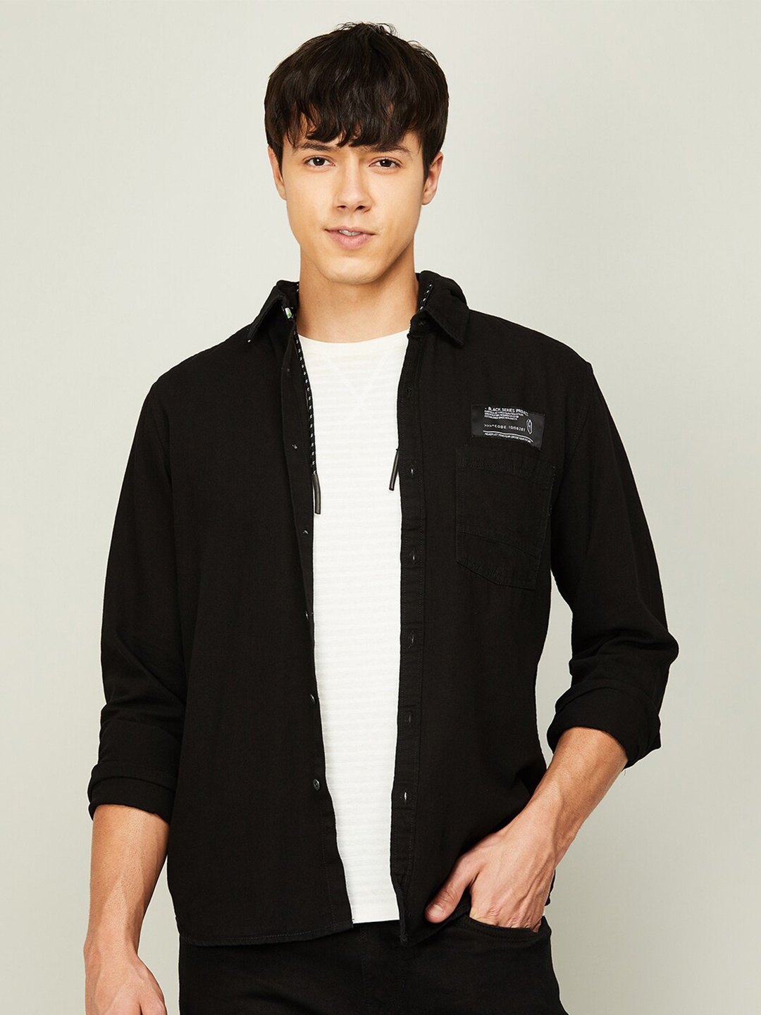 

Bossini Men Black Solid Cotton Hooded Casual Shirt