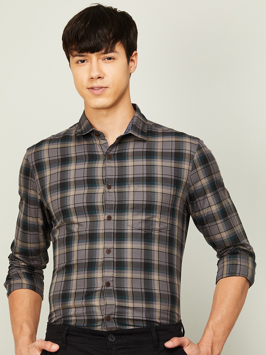 

CODE by Lifestyle Men Grey Slim Fit Tartan Checked Cotton Casual Shirt