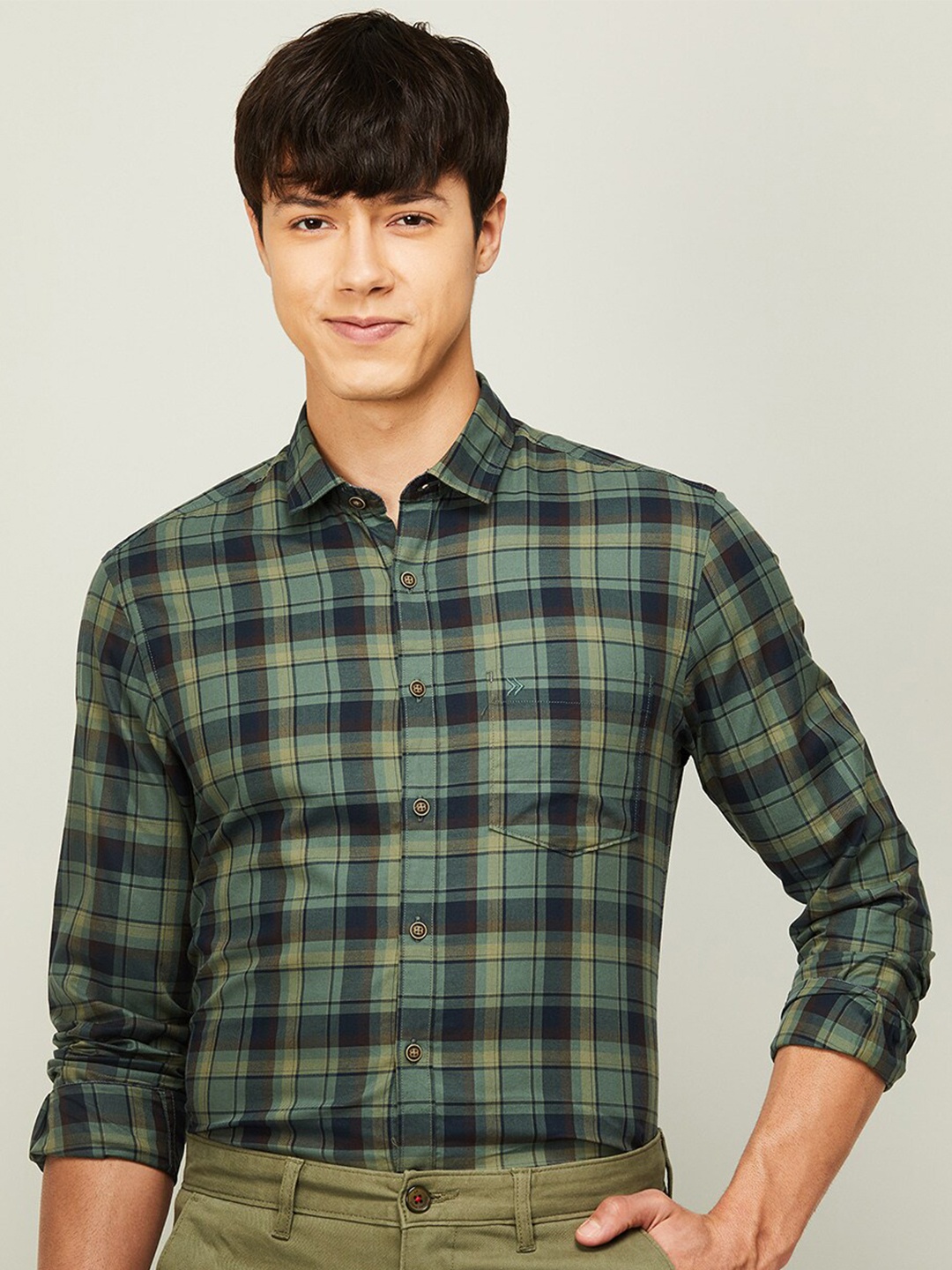 

CODE by Lifestyle Men Green Slim Fit Tartan Checked Cotton Casual Shirt