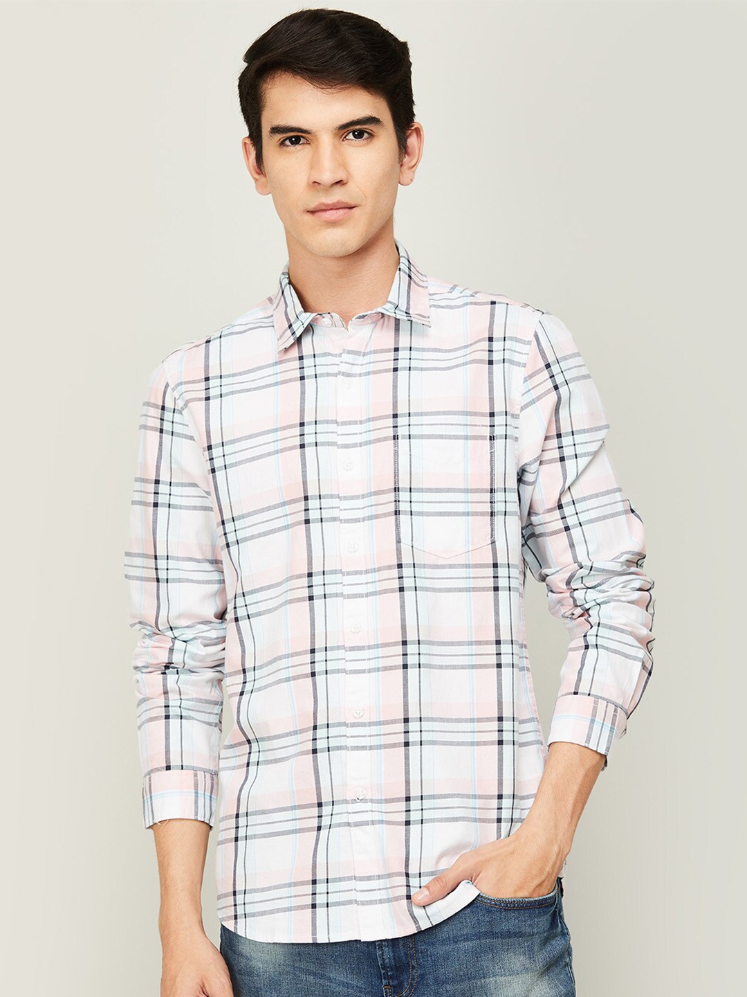 

Fame Forever by Lifestyle Men White Cotton Slim Fit Tartan Checks Casual Shirt