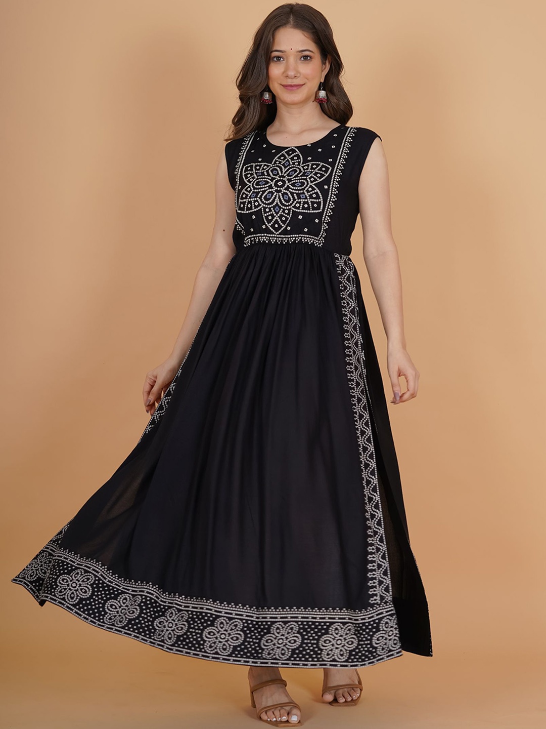 

PURSHOTTAM WALA Round Neck Ethnic Motifs Printed Block Print Anarkali Kurta, Black