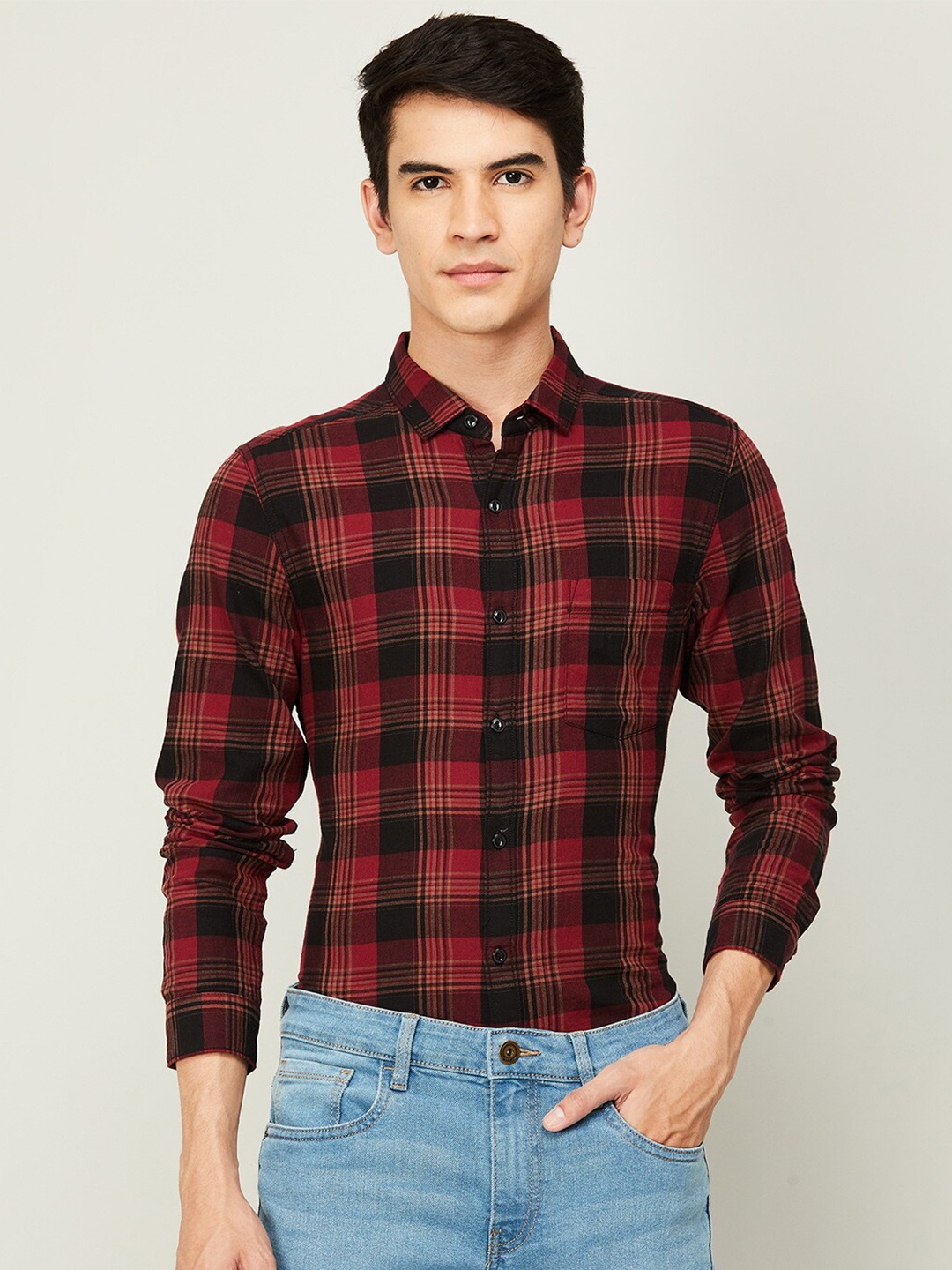 

Forca Men Slim Fit Tartan Checks Checked Cotton Casual Shirt, Red