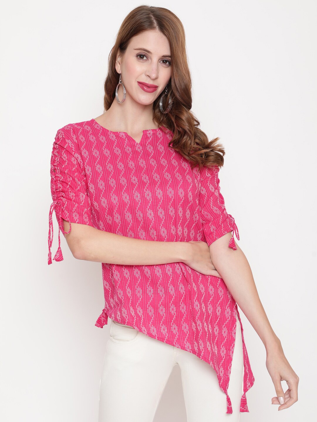 

AKIMIA Pink Geometric Printed Pure Cotton Jacquard Kurti