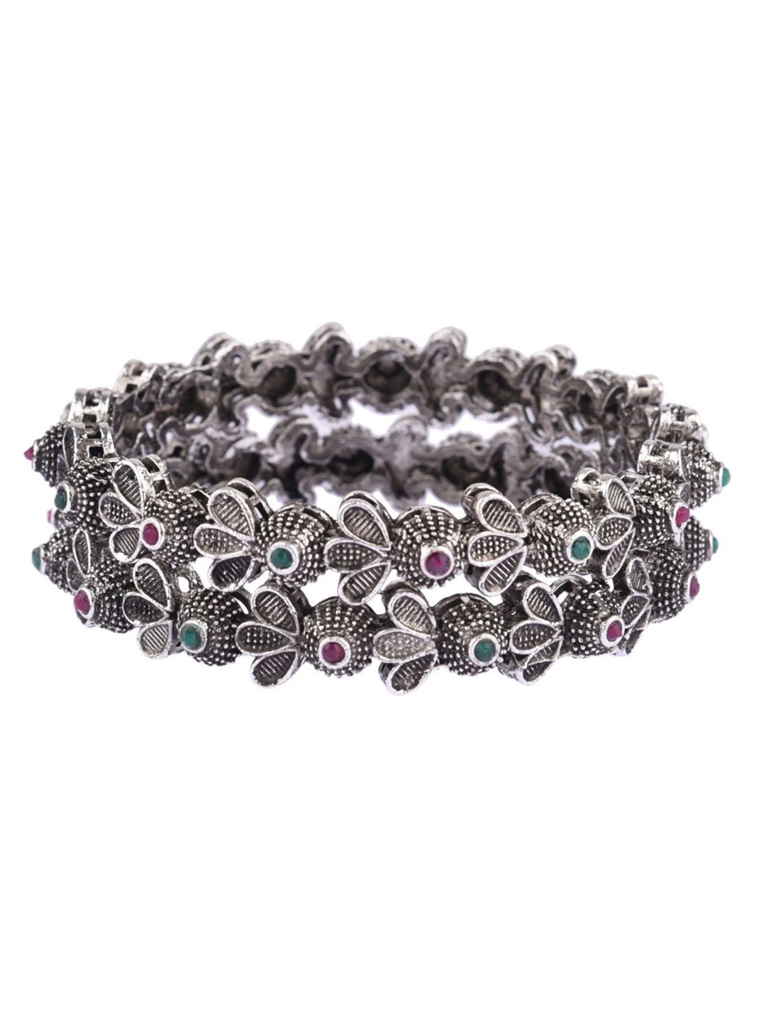 

Efulgenz Set Of 2 Pink & Green Crystals Studded Rhodium Plated Bangles