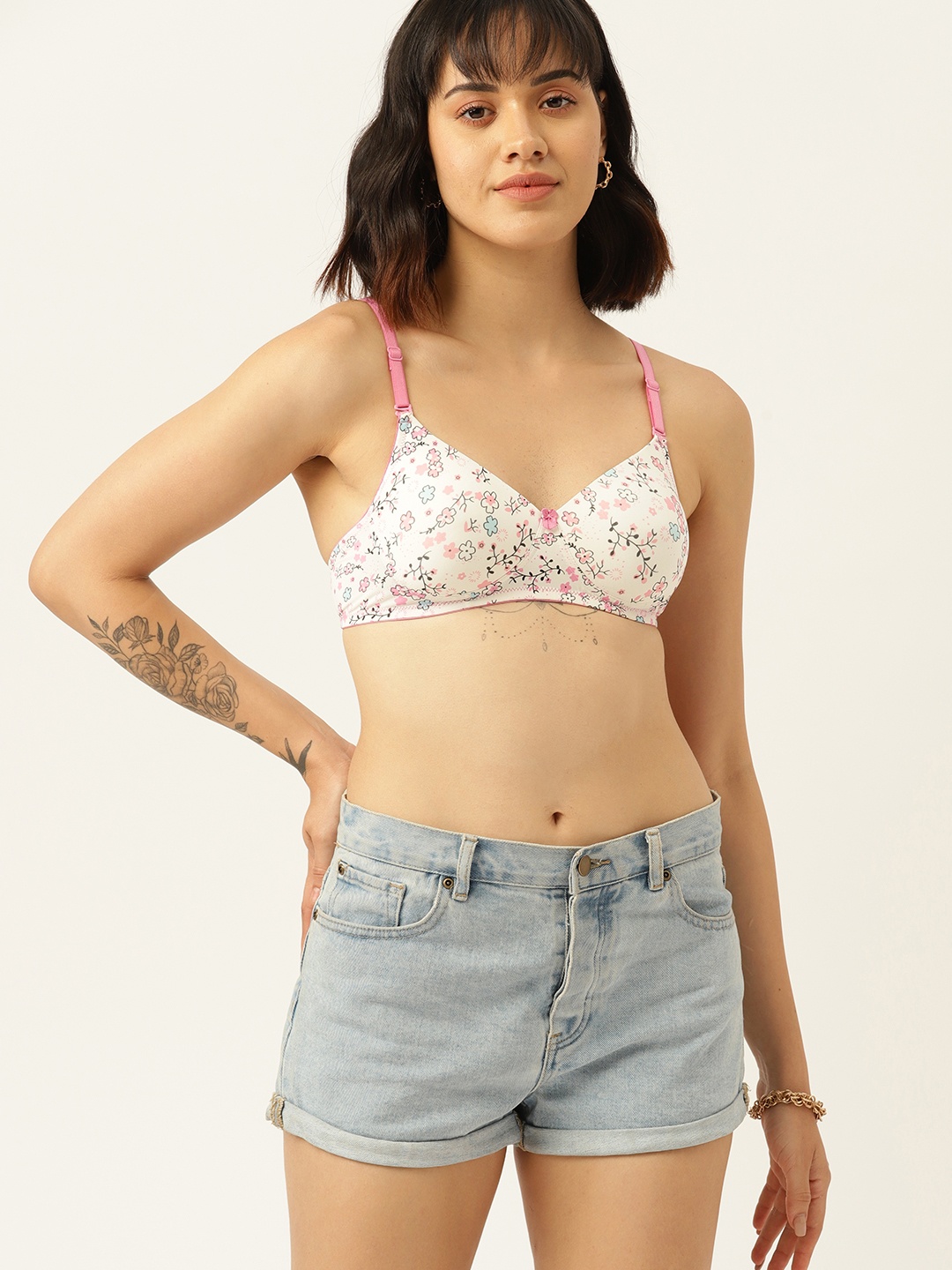 

DressBerry Floral Printed T-Shirt Bra - Medium Coverage Lightly Padded, White