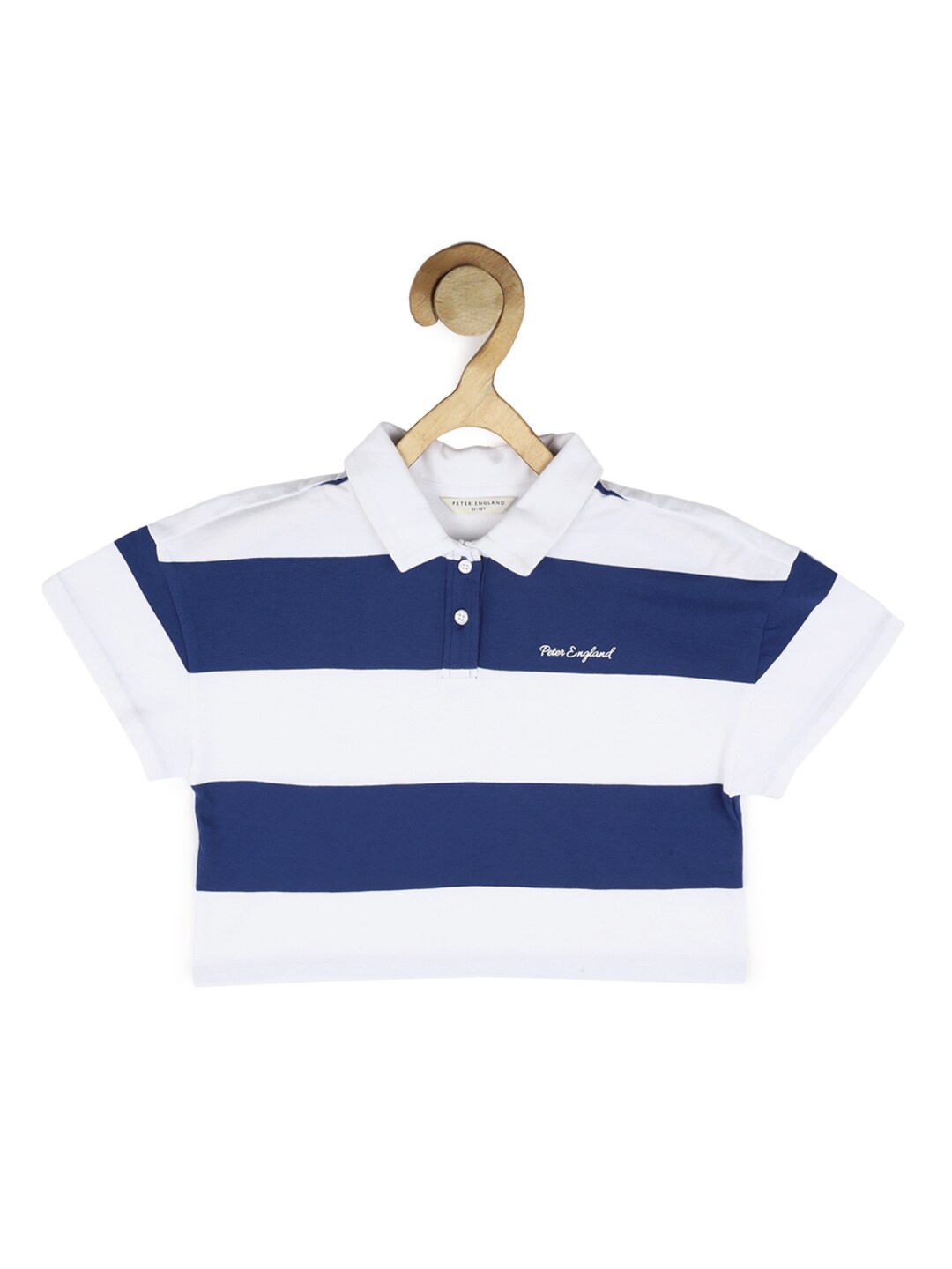 

Peter England Girls White & Blue Striped Polo Collar Cotton T-shirt