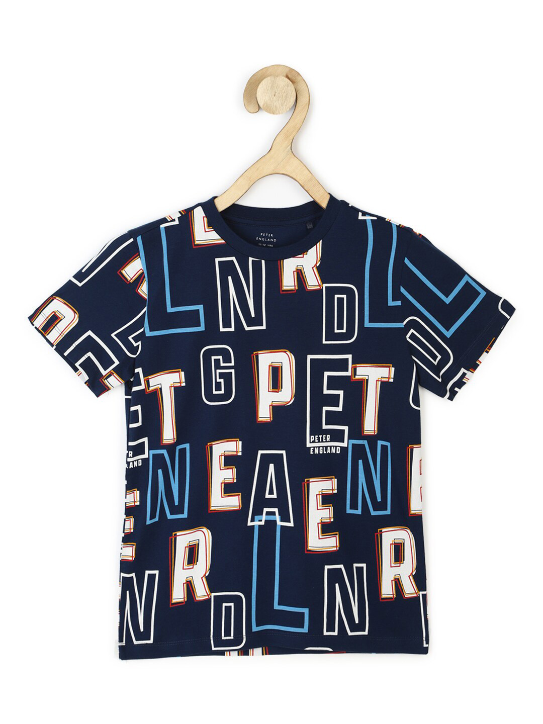 

Peter England Boys Navy Blue Typography Striped T-shirt