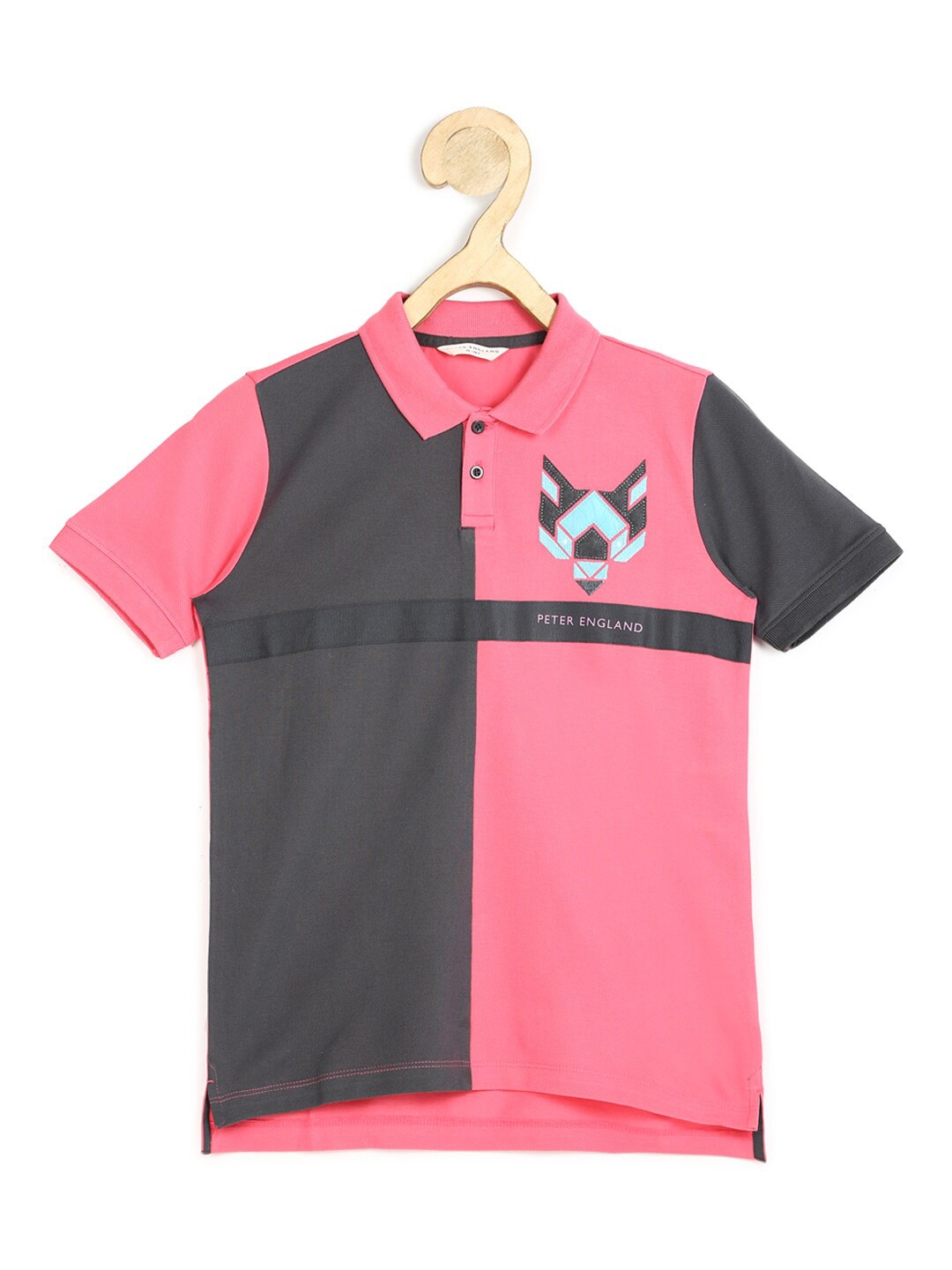 

Peter England Boys Pink Colourblocked Polo Collar Cotton T-shirt