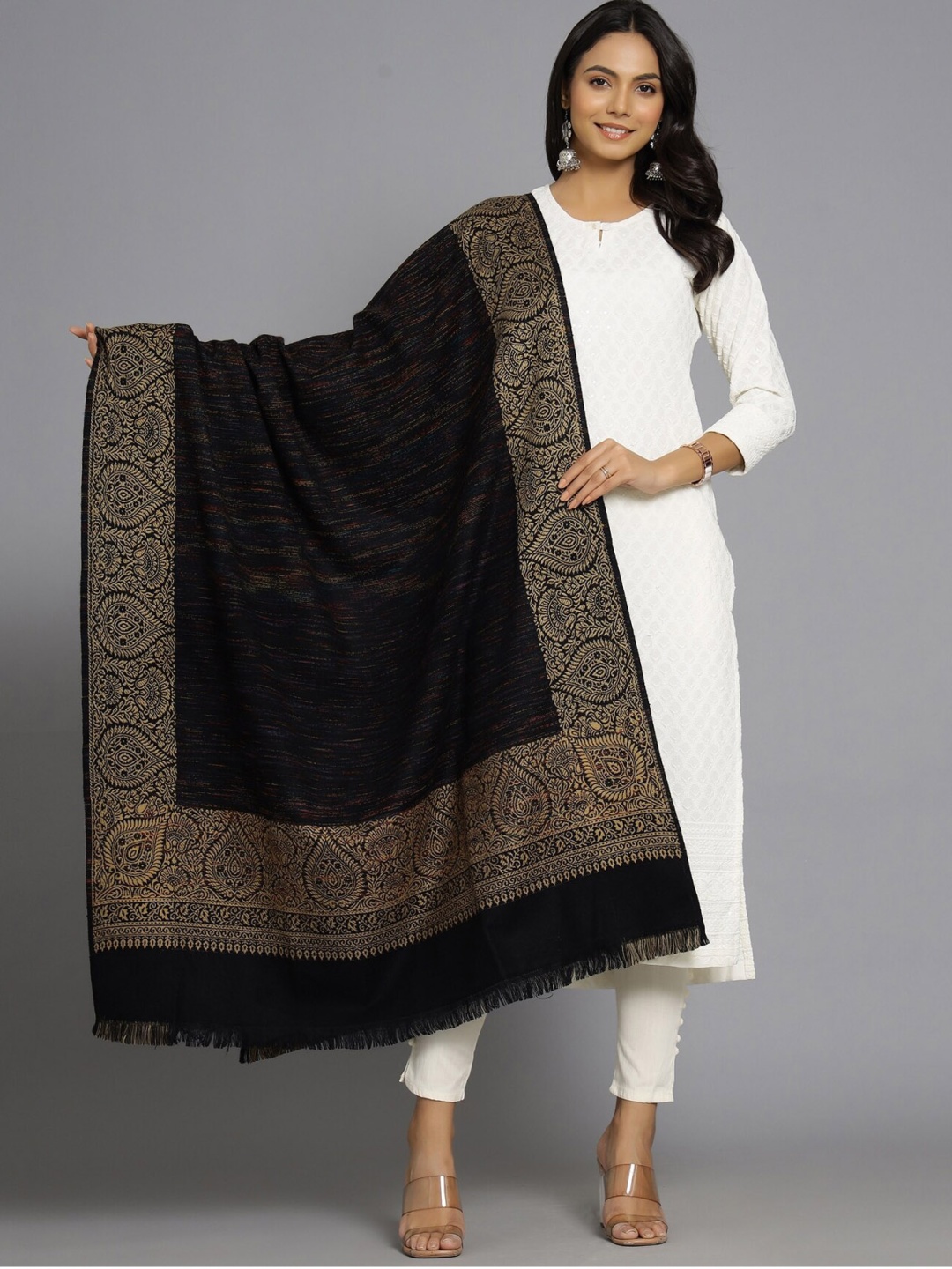 

HANDICRAFT PALACE Women Black Woven-Design Shawl