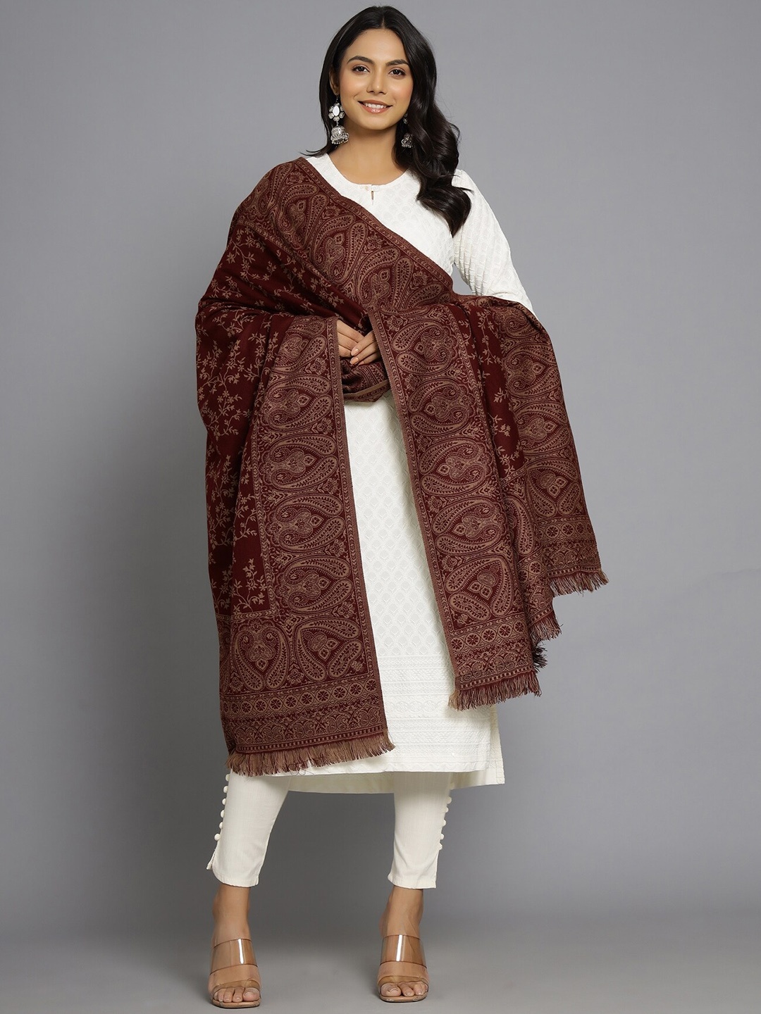 

HANDICRAFT PALACE Women Maroon Hand Woven Design Wool Shawl