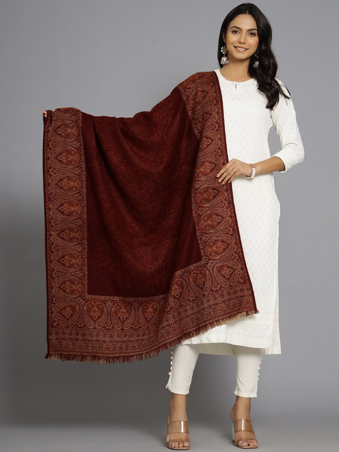 

HANDICRAFT PALACE Women Maroon Red Woven-Design Jamwar Paisley Printed Shawl