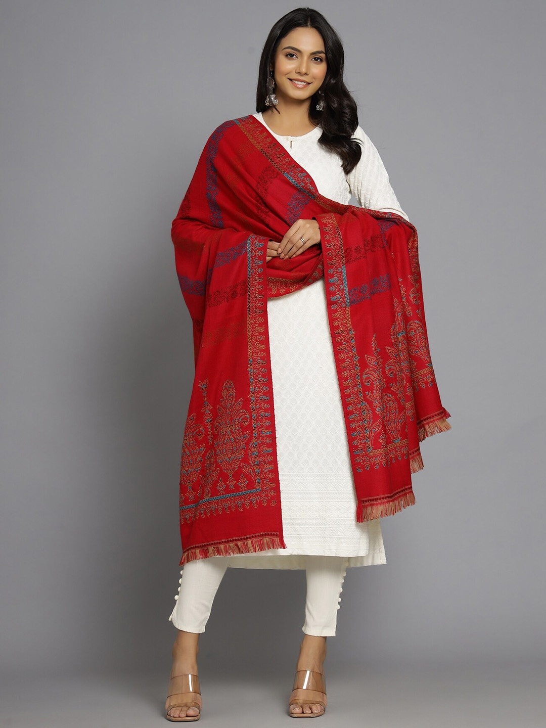 

HANDICRAFT PALACE Women Hand Woven Woolen Shawl, Red