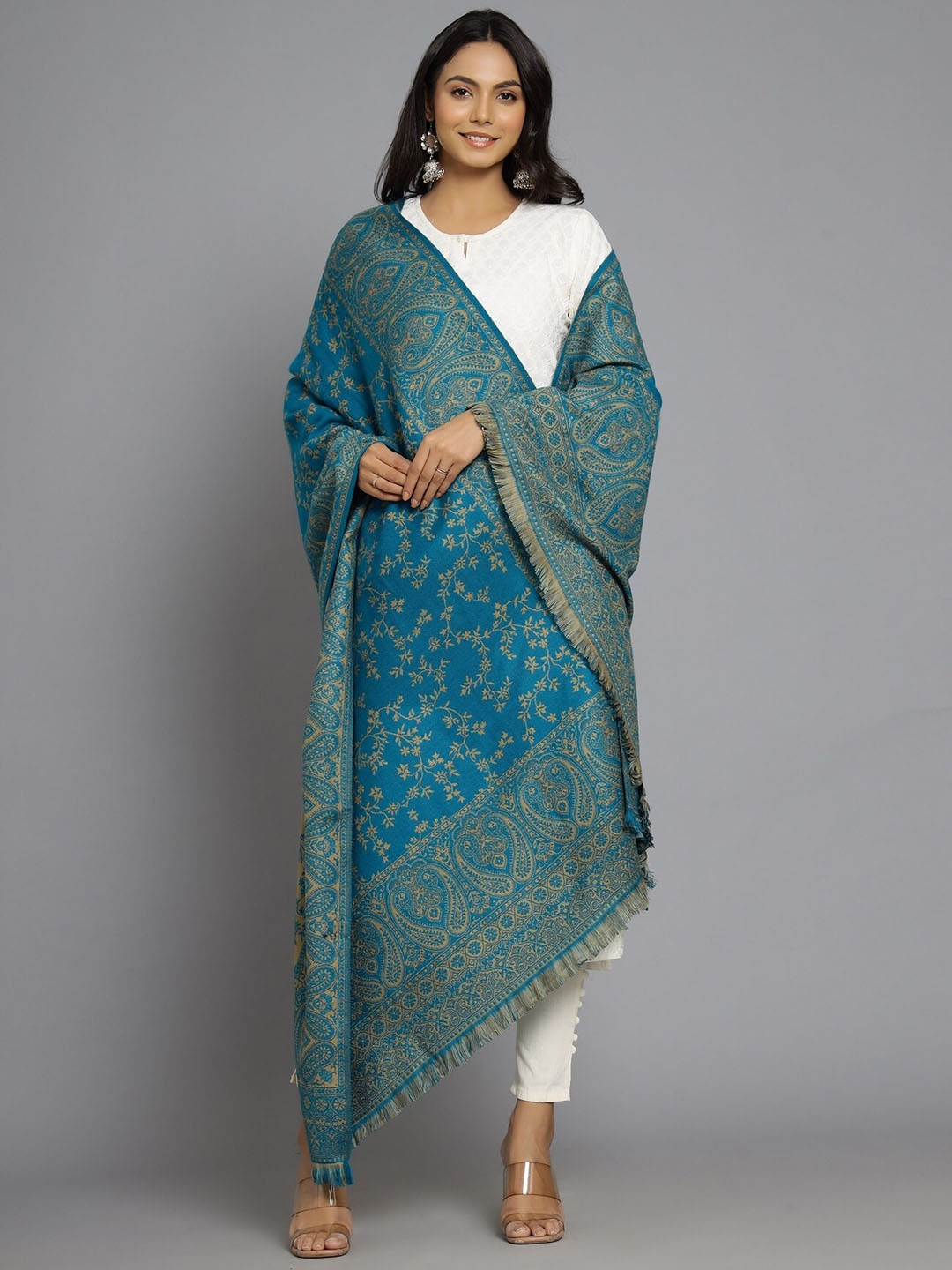 

HANDICRAFT PALACE Women Turquoise Blue & Beige Floral Woven-Design Woolen Shawl