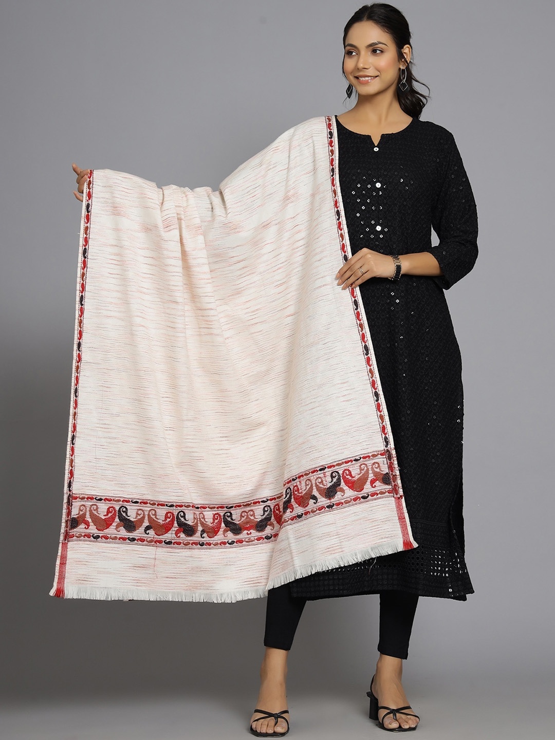 

HANDICRAFT PALACE Women White & Red Woven Design Shawl