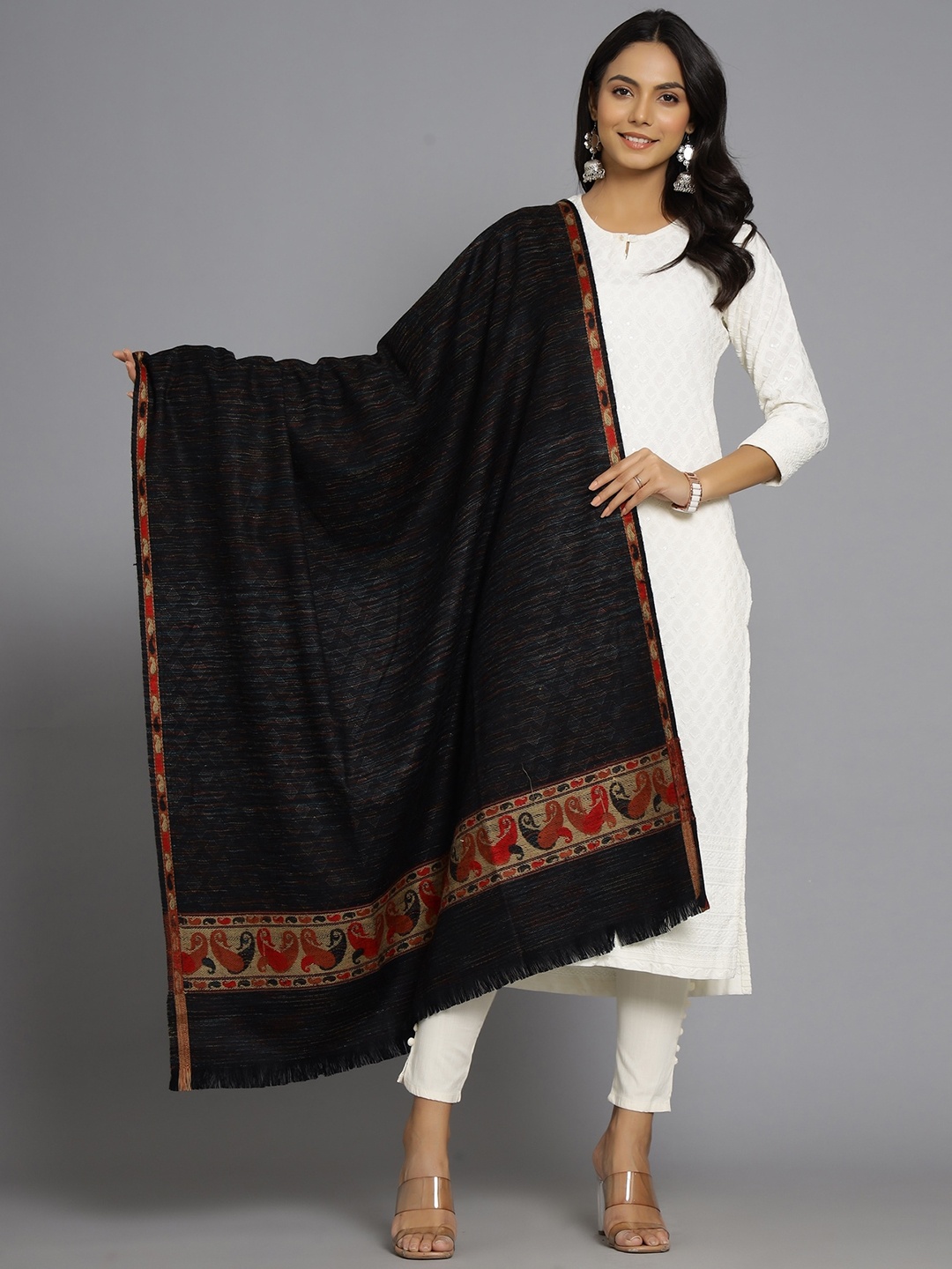 

HANDICRAFT PALACE Women Black Striped Hand Woven Design Wool Shawl