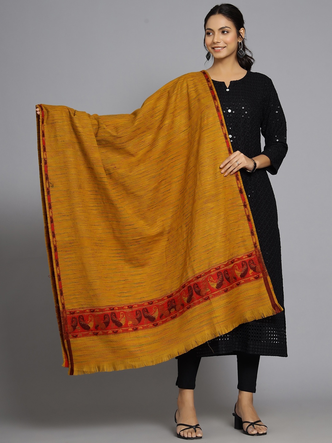 

HANDICRAFT PALACE Women Mustard & Red Woven-Design Shawl