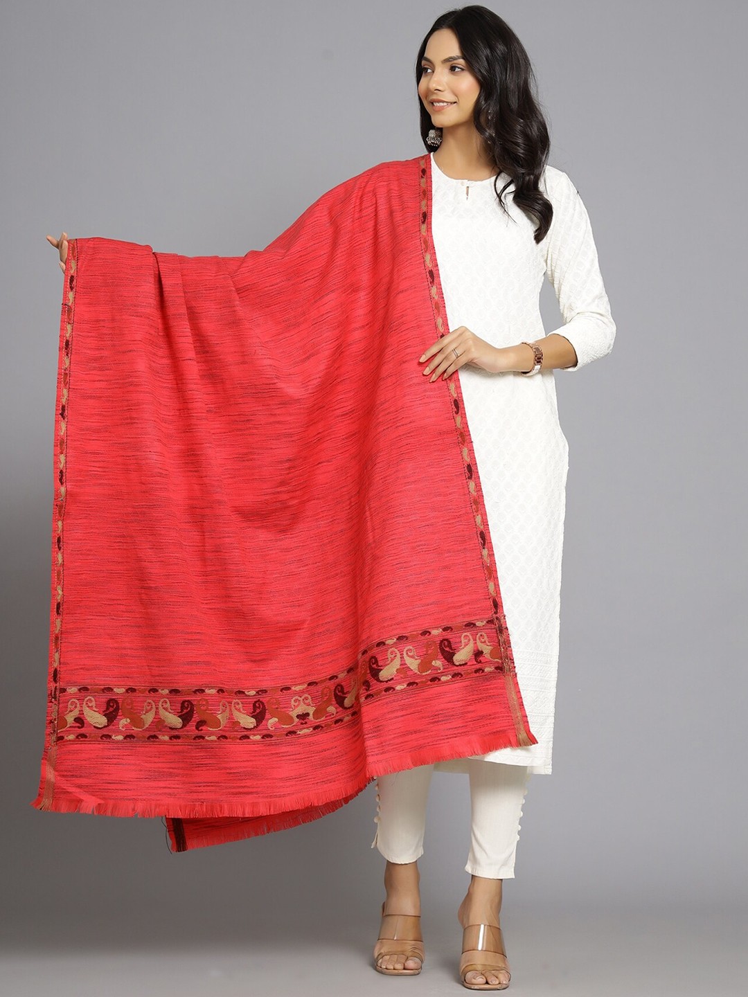 

HANDICRAFT PALACE Women Pink Striped Hand Woven Design Wool Shawl