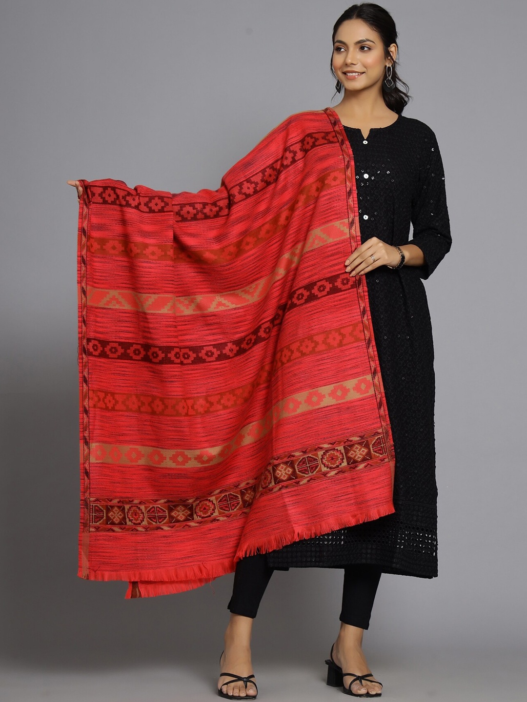 

HANDICRAFT PALACE Women Red & Black Woven-Design Shawl, Pink