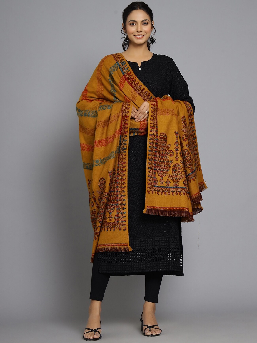 

HANDICRAFT PALACE Women Mustard Paisley Hand Woven-Design Shawl