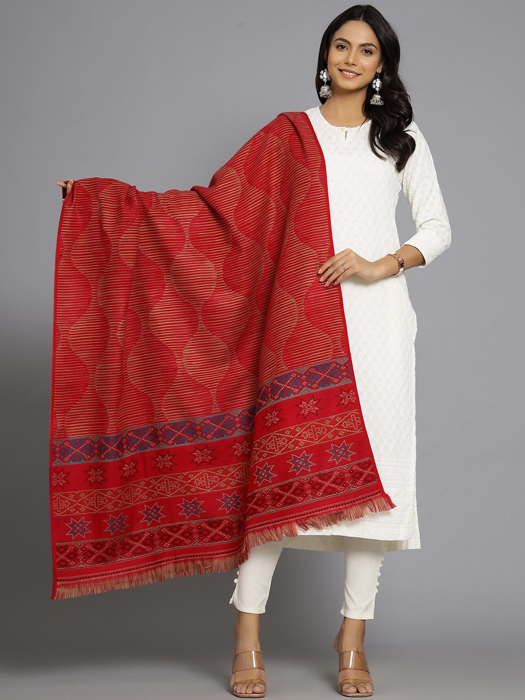 

HANDICRAFT PALACE Women Red Geometric Shawl