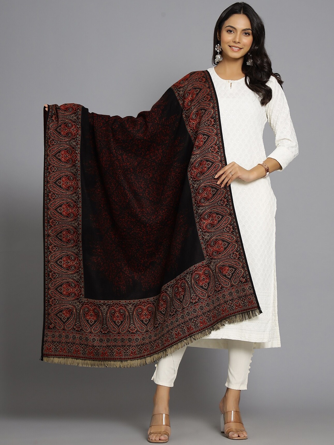 

HANDICRAFT PALACE Women Black Hand Woven Design Shawl
