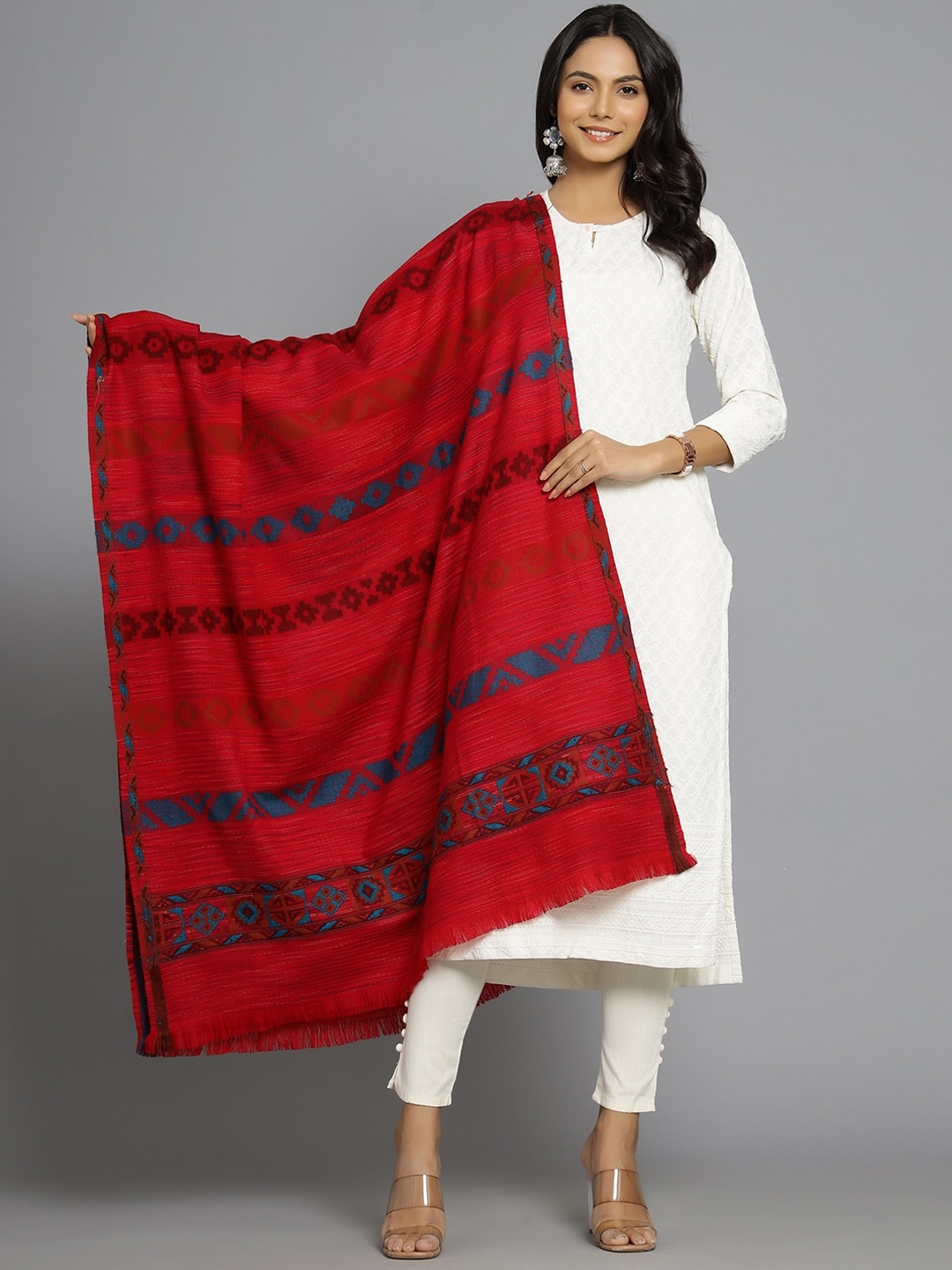 

HANDICRAFT PALACE Women Pink Woven-Design Striped Patterned Shawl