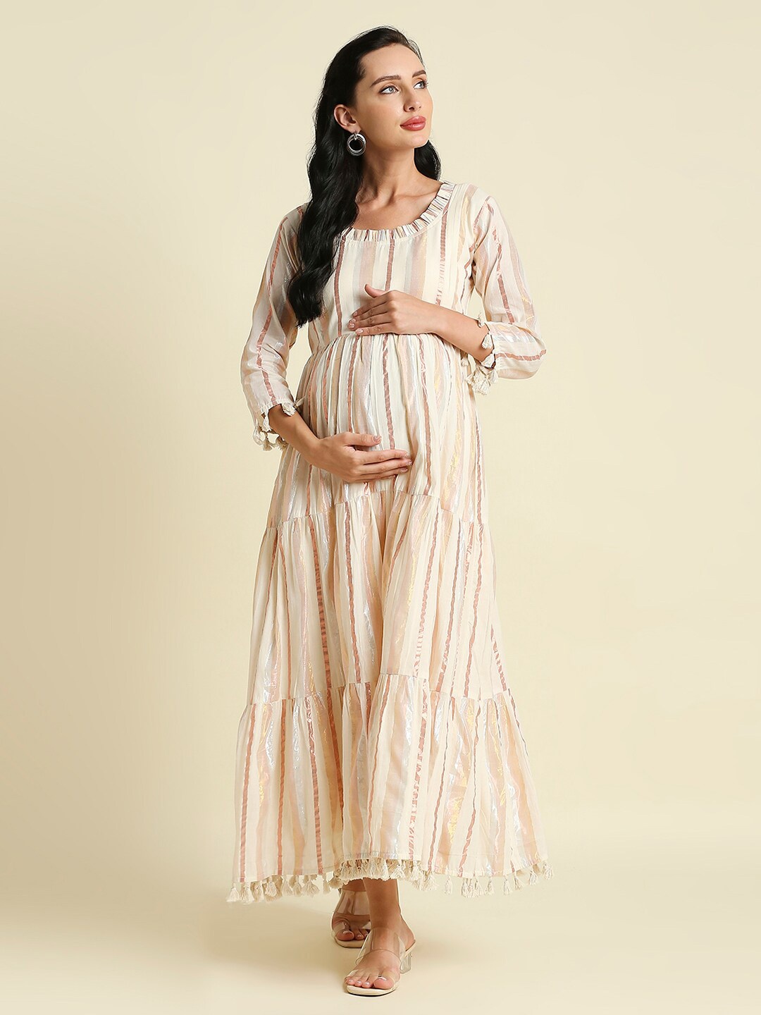 

Aanyor Women Beige Floral Cotton Maternity Maxi Dress