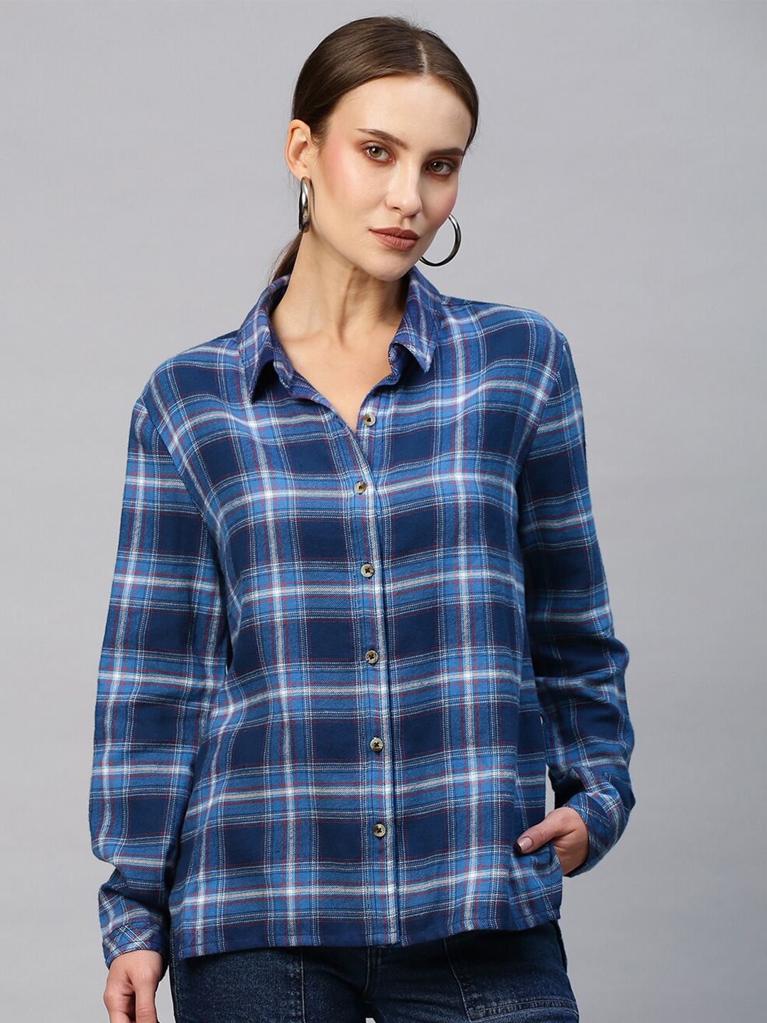 

Chemistry Women Blue & White Checked Casual Shirt