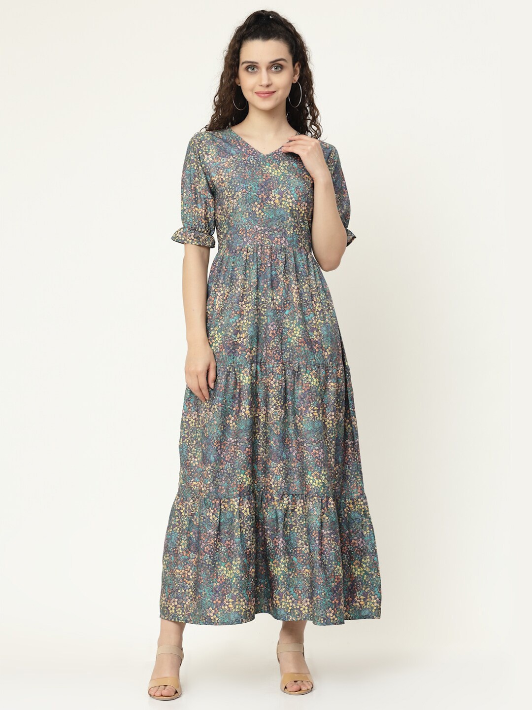 

MISS AYSE Blue & Yellow Floral Crepe Maxi Maxi Dress