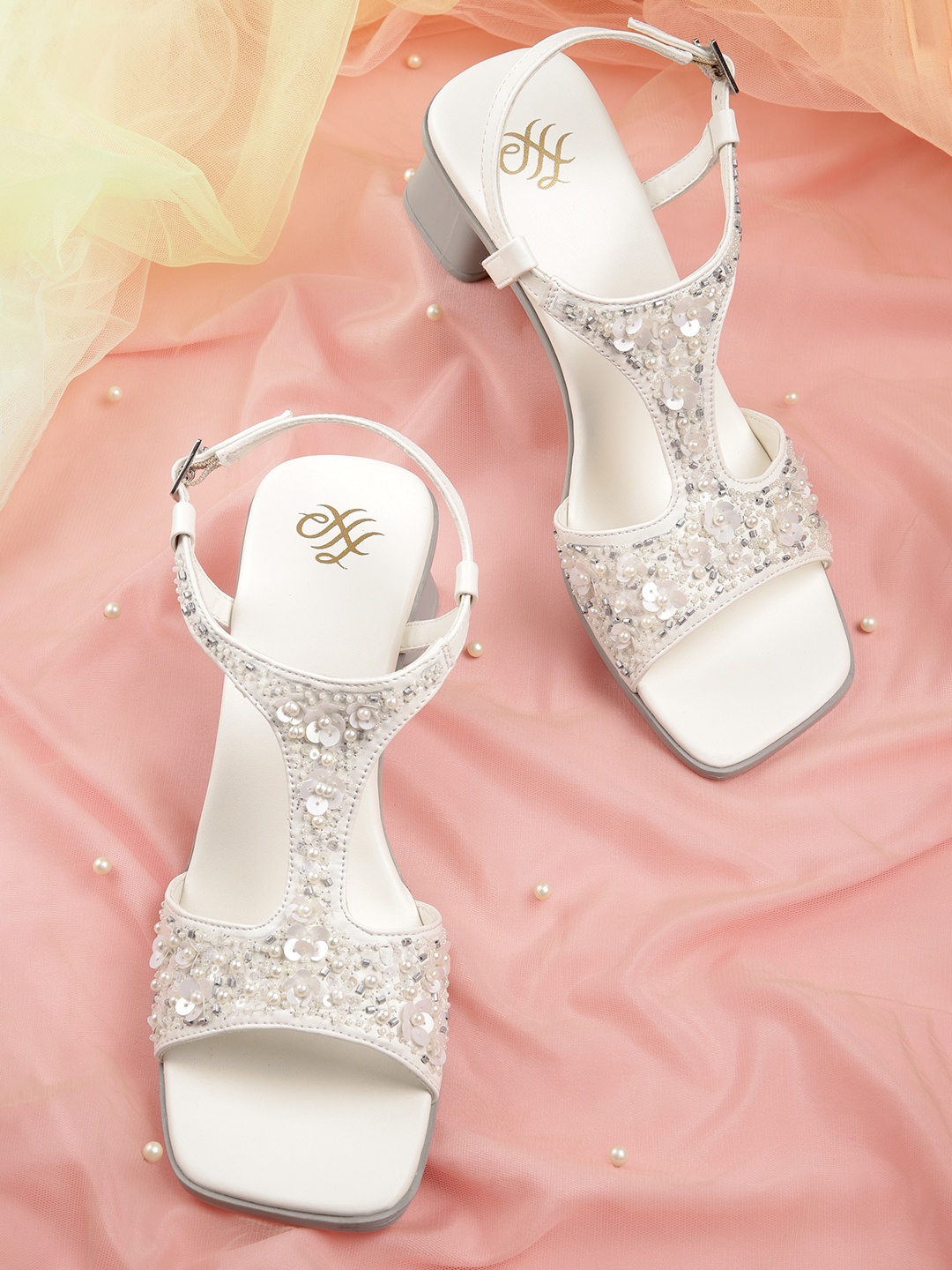 

House of Pataudi Women Embellished Ethnic Block Heels, White