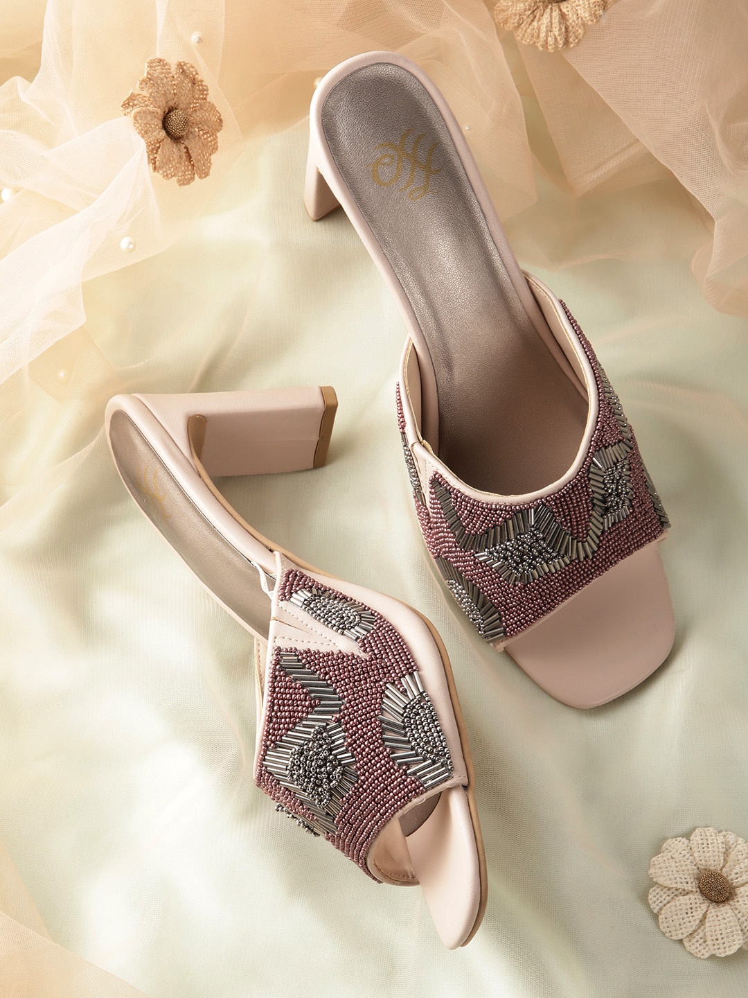 

House of Pataudi Women Embellished Party Block Heels, Rose