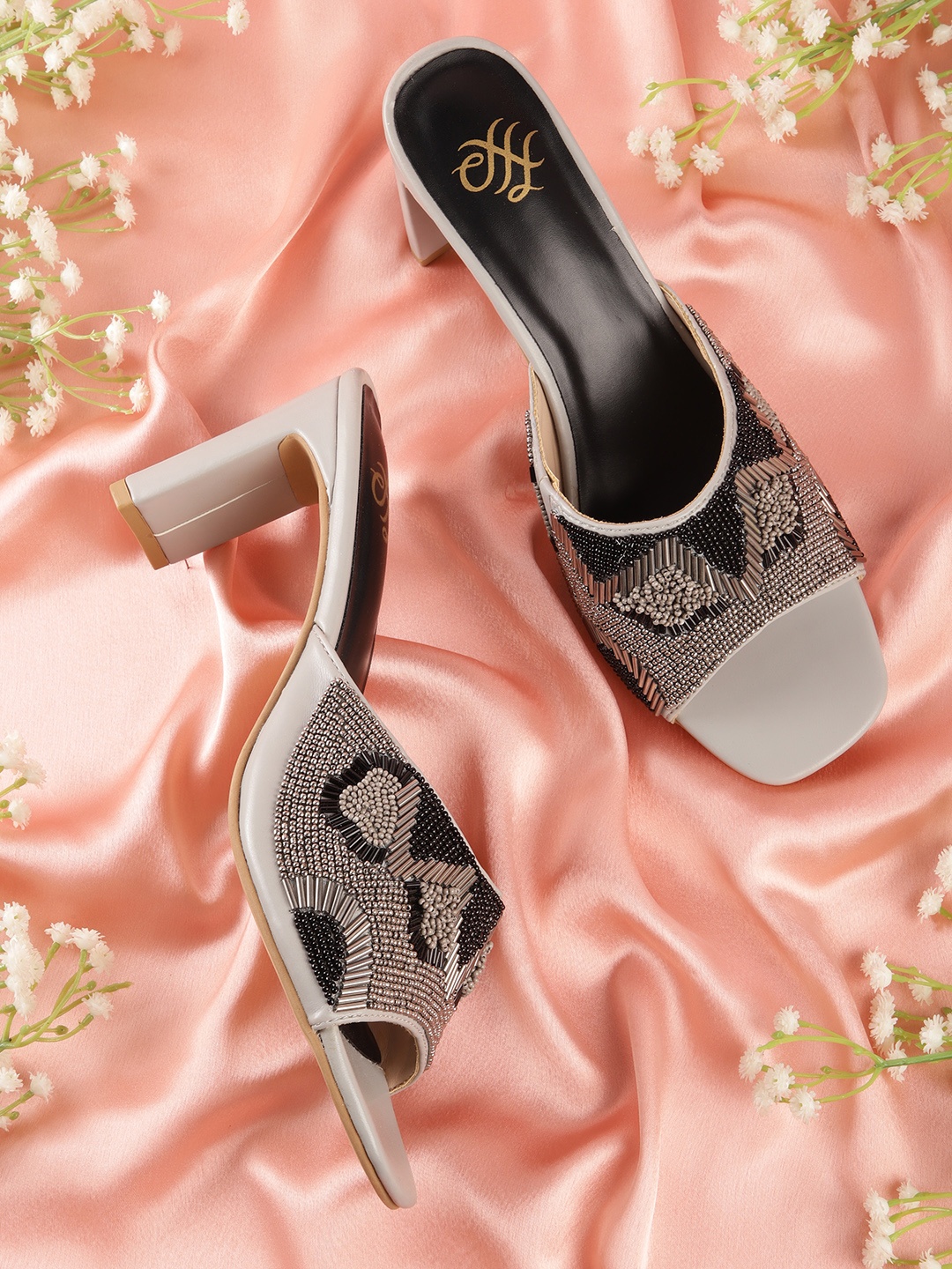 

House of Pataudi Embellished Ethnic Block Heels, Grey