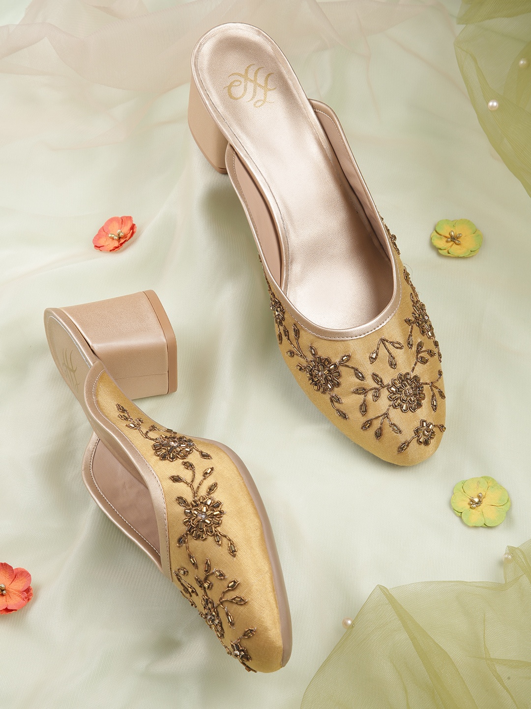 

House of Pataudi Embellished Ethnic Mules, Gold