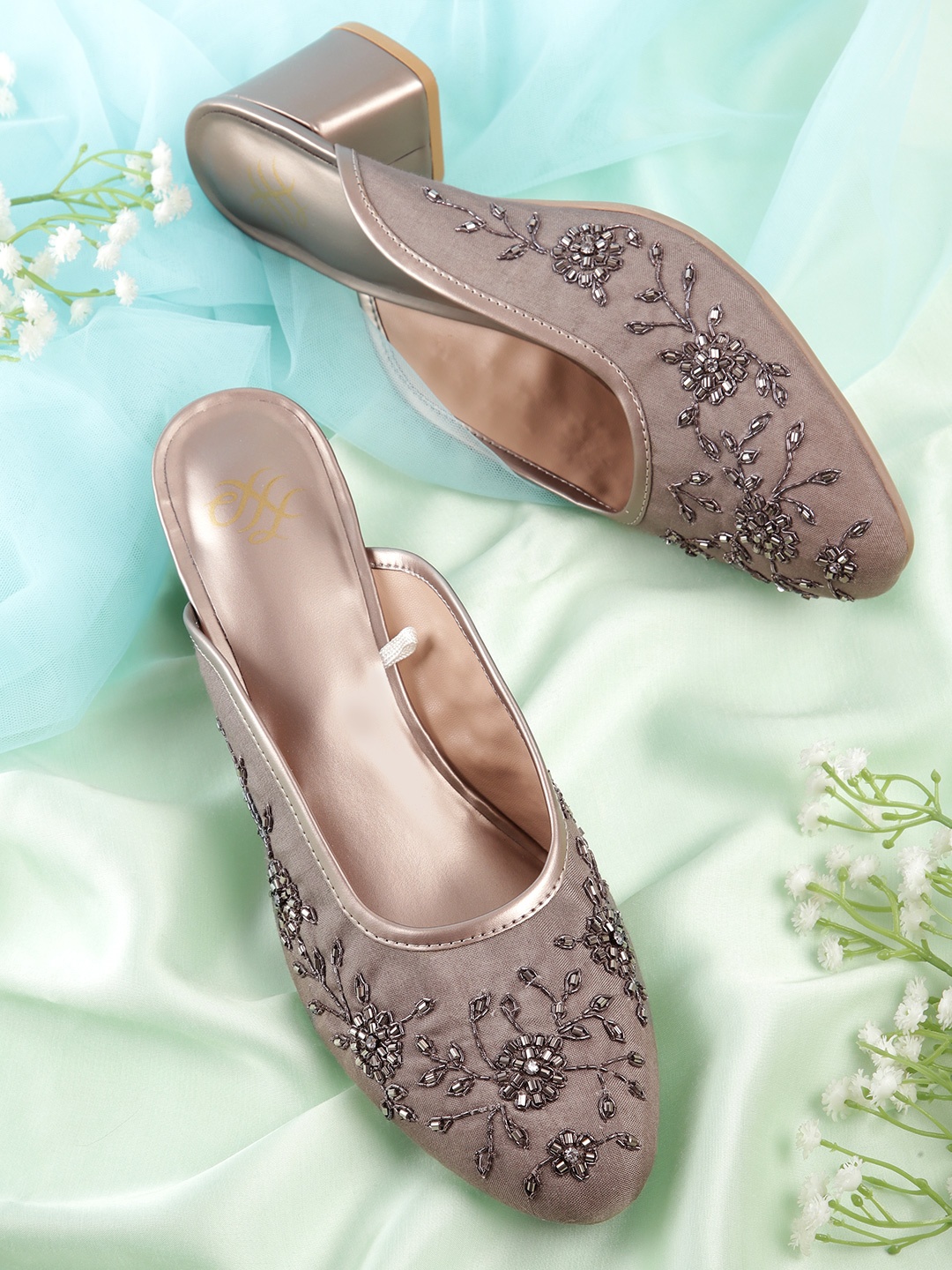 

House of Pataudi Embellished Ethnic Block Mules, Grey