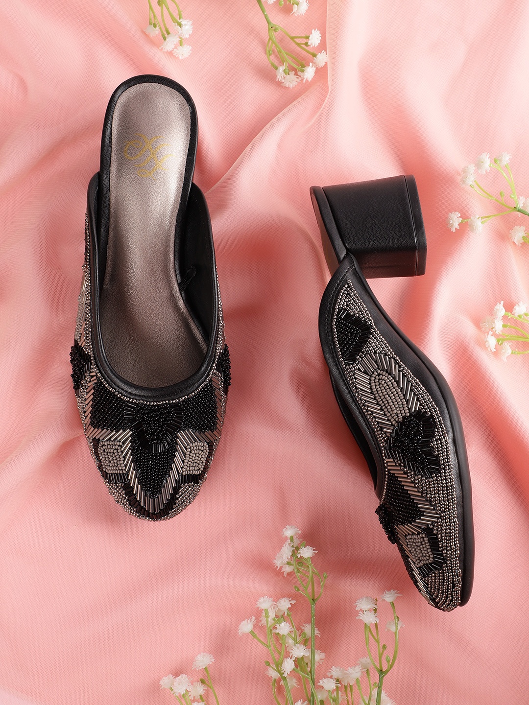 

House of Pataudi Embellished Ethnic Mules, Black