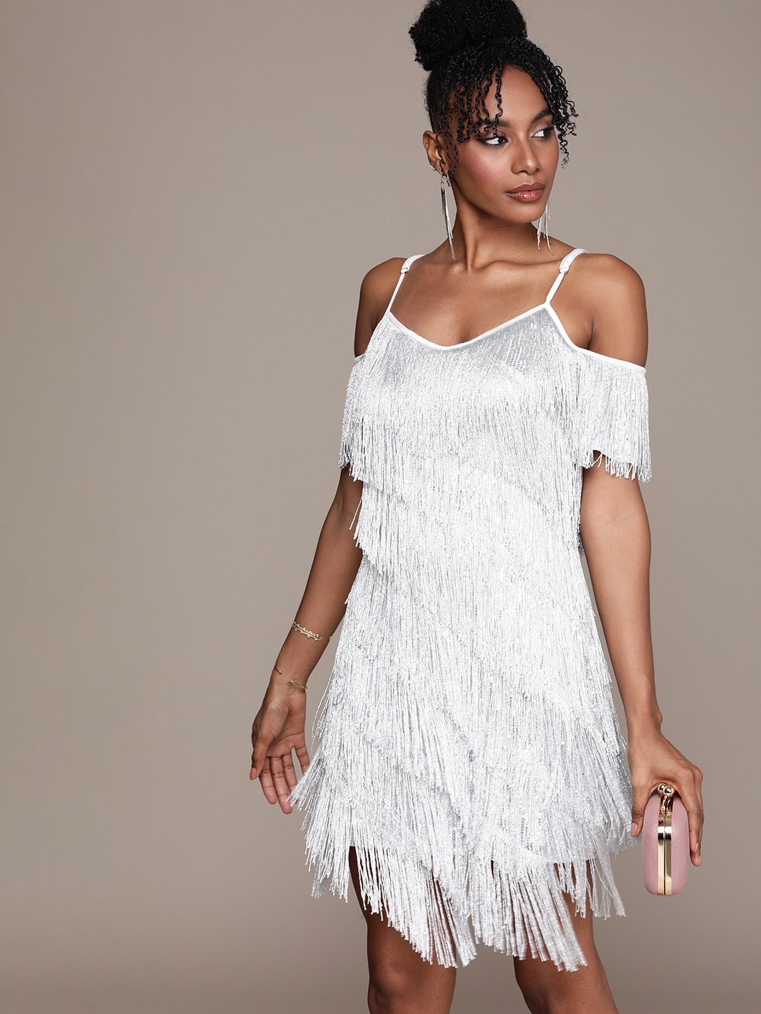 

bebe Sequined Cold-Shoulder Fringed Sheath Winter Dress, White