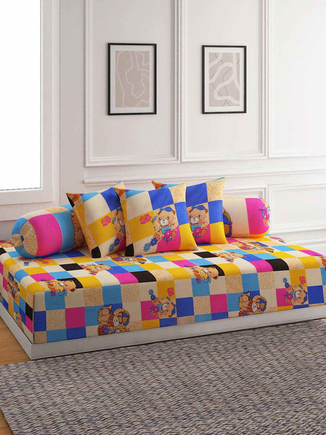 

ROMEE Set Of 6 Blue & Beige Printed Single Bedsheet With Bolster Covers & Cushion Covers