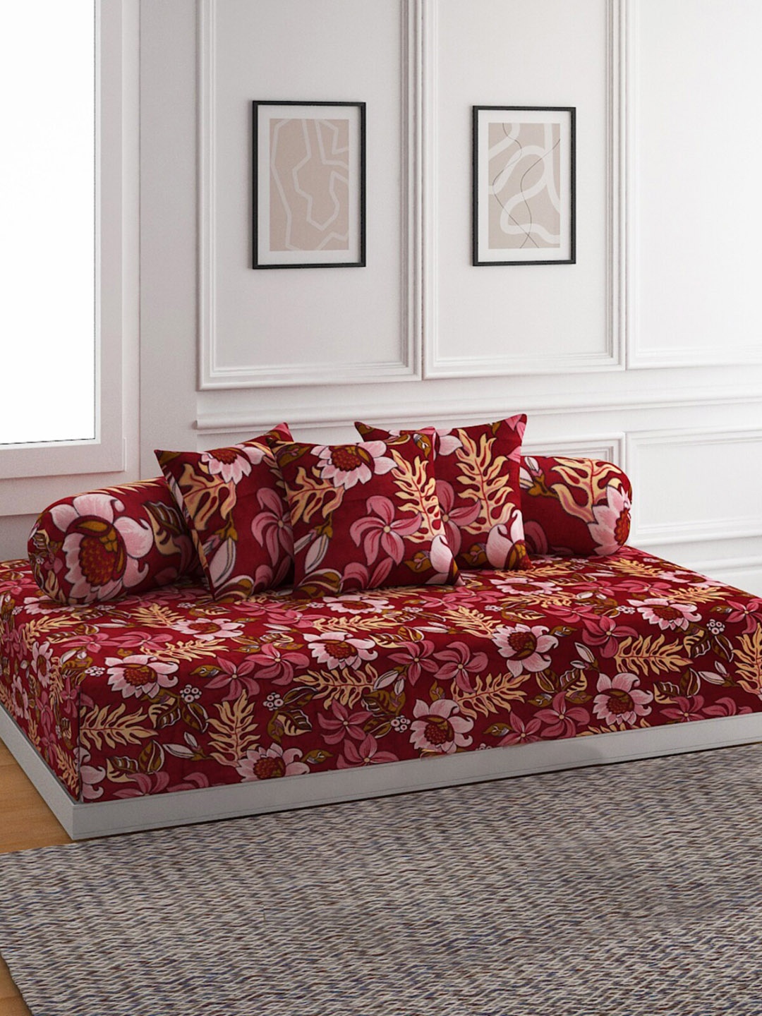 

ROMEE Set Of 6 Maroon Floral Printed Diwan Set