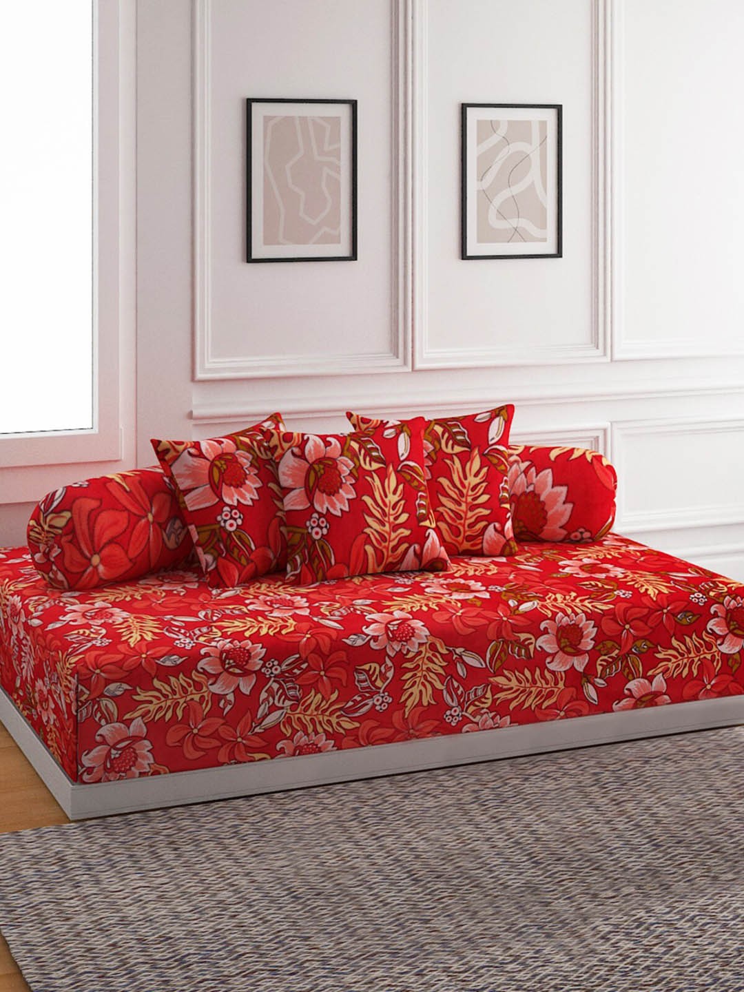 

ROMEE Red Floral Printed Diwan Set with Bolster and Cushion Covers