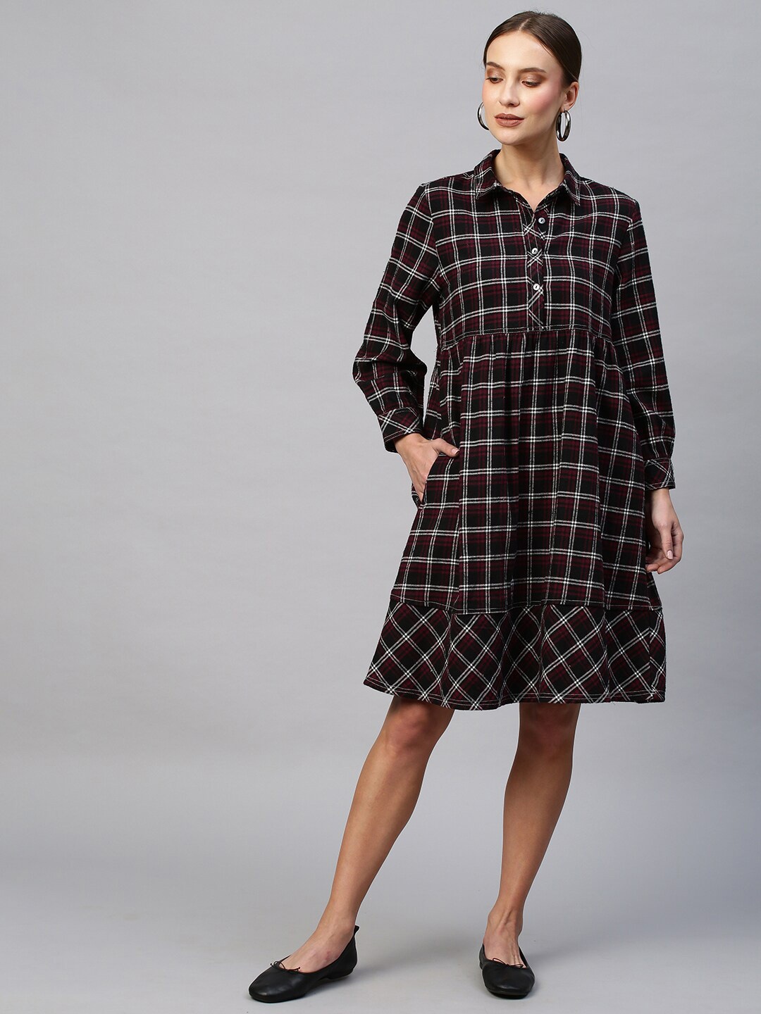 

Chemistry Women Black & Maroon Checked Shirt Dress