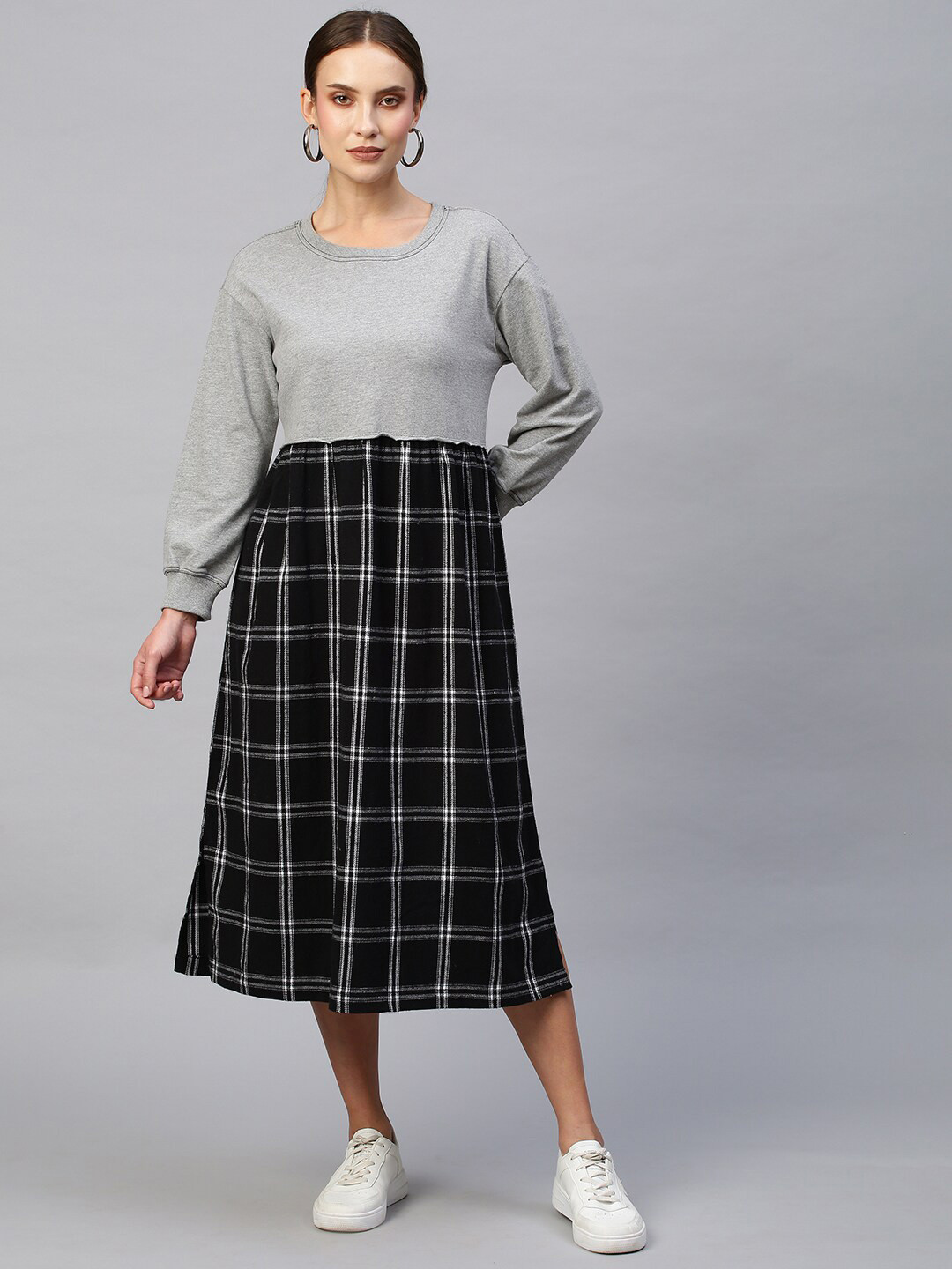 

Chemistry Women Grey & Black Checked A-Line Midi Dress