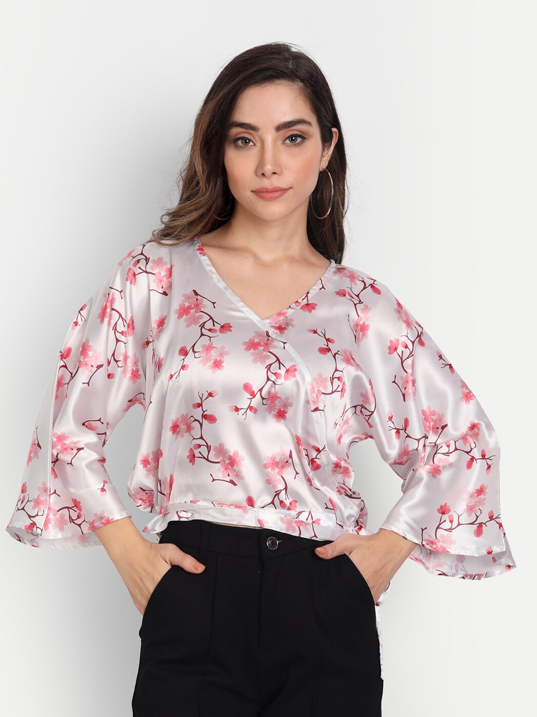 

KIROSHE BY KIRAN White Floral Print Satin Top