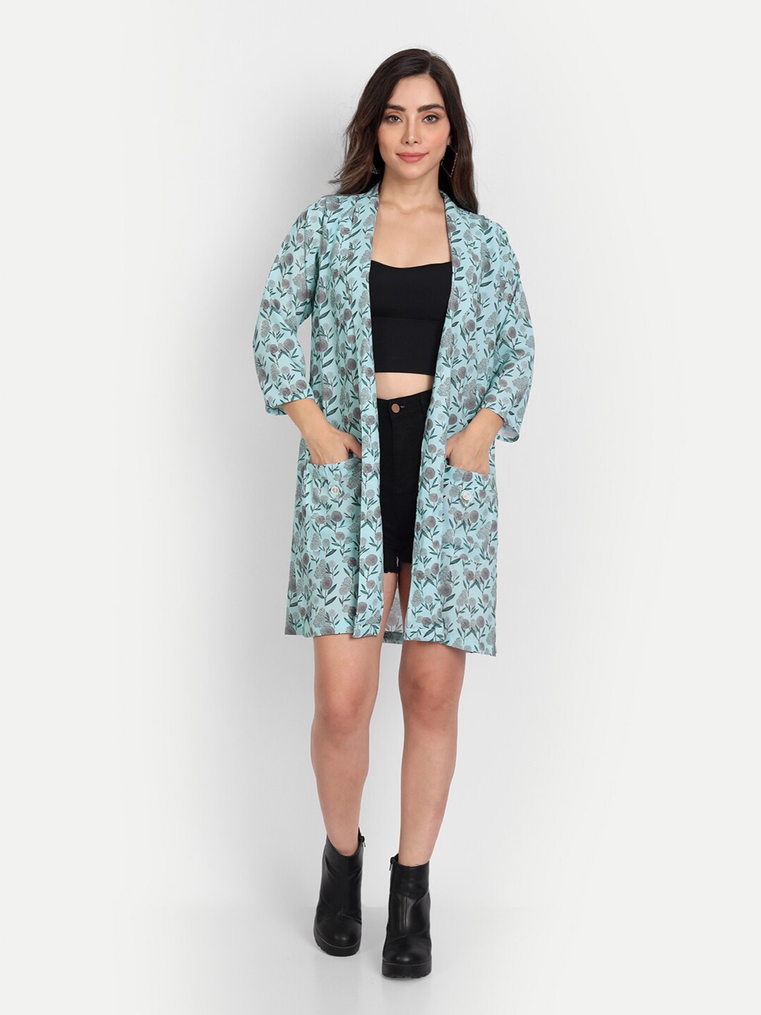 

KIROSHE BY KIRAN Women Blue & Grey Printed Shrug