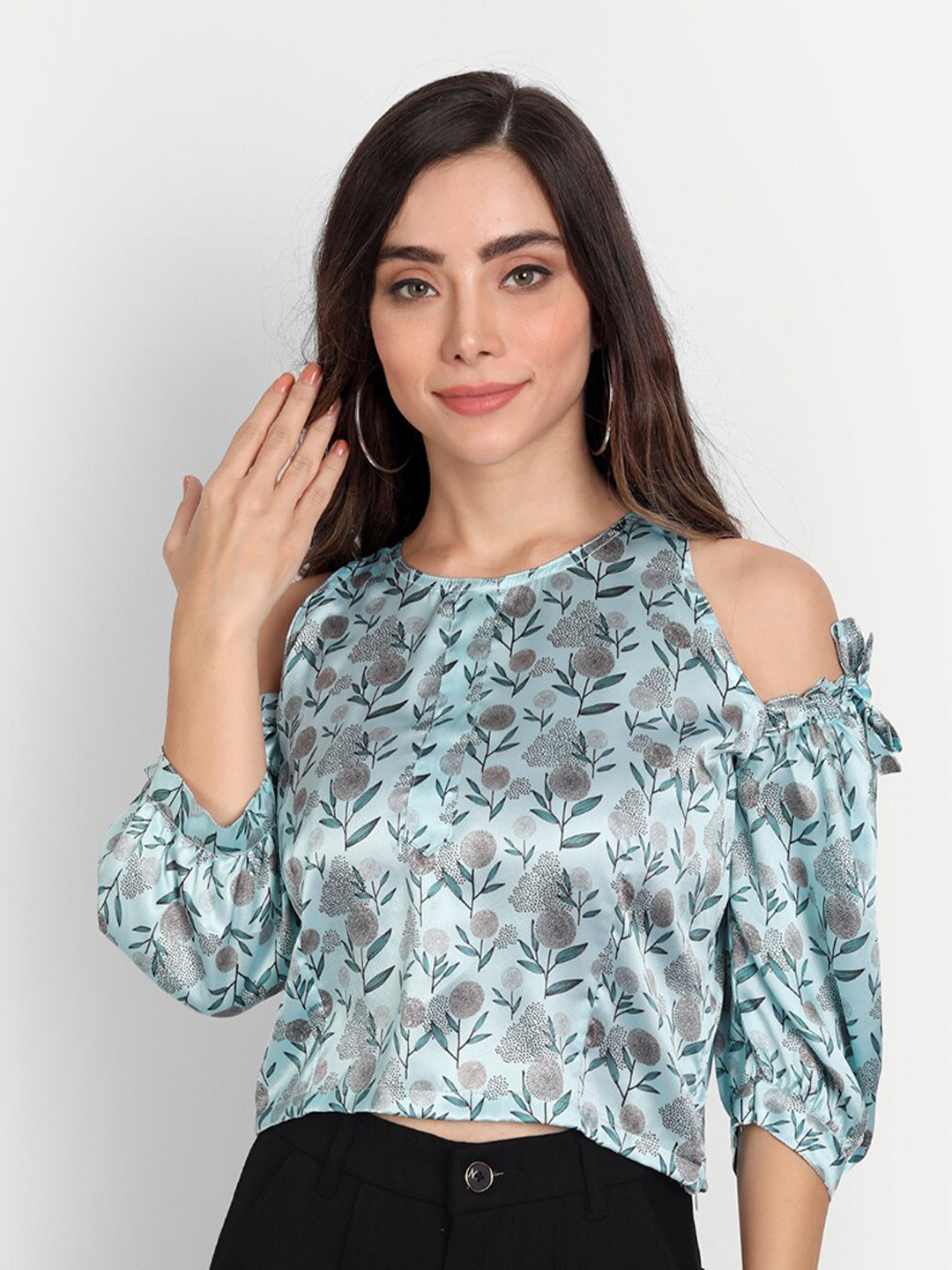 

KIROSHE BY KIRAN Blue Floral Print Satin Top