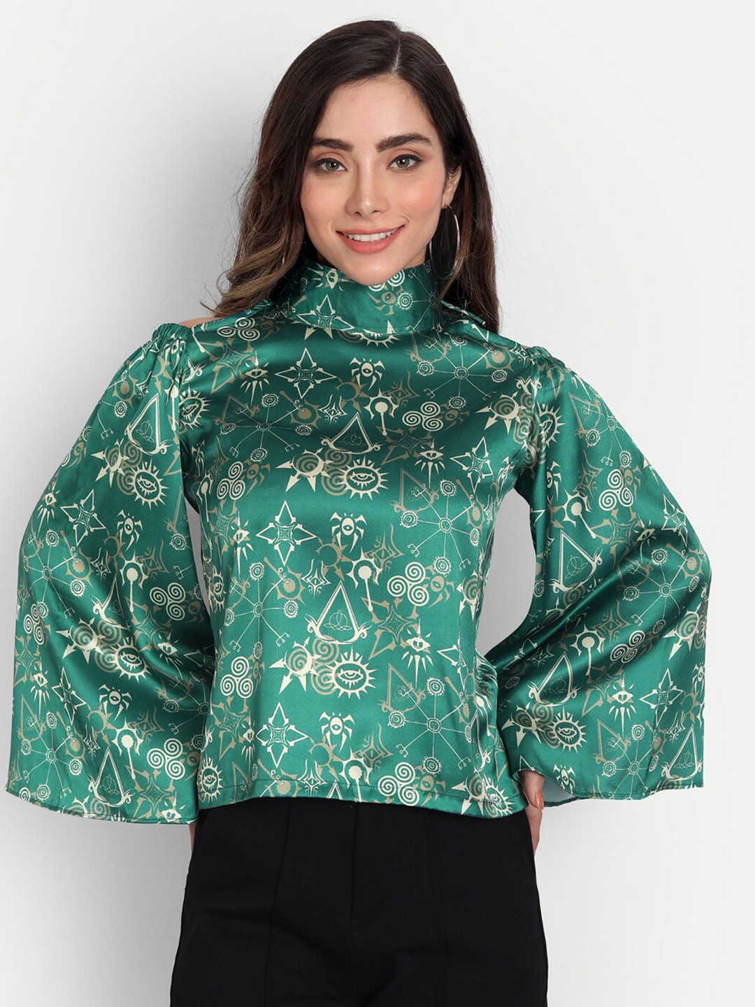 

KIROSHE BY KIRAN Green Tribal Print Satin Top