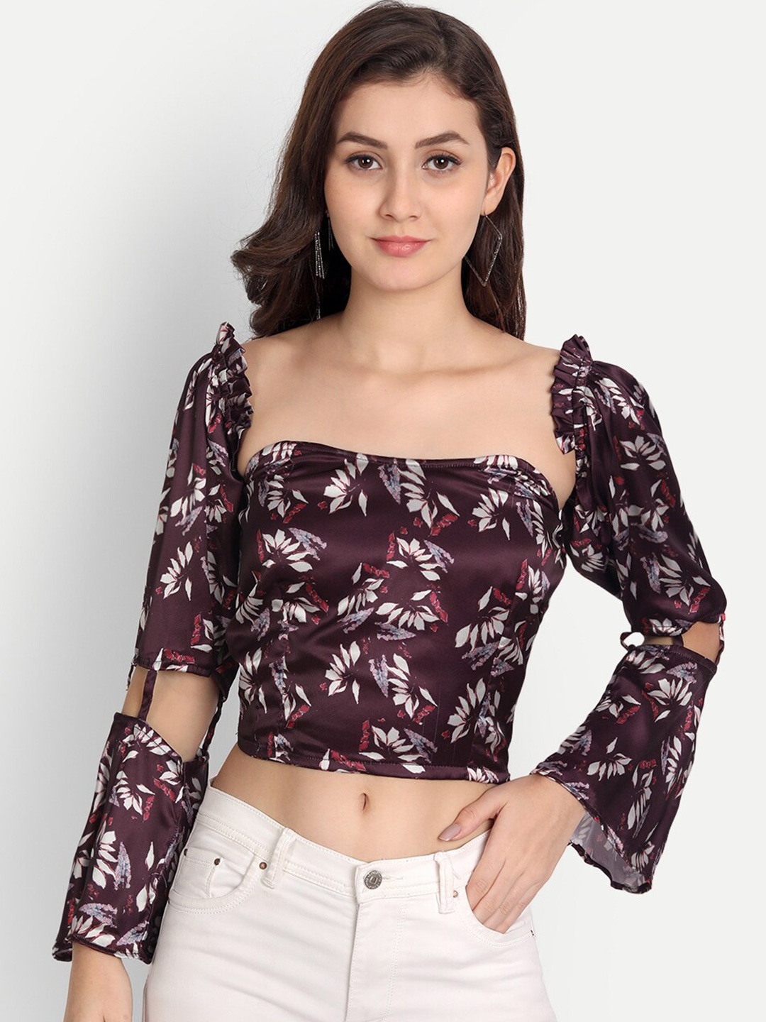 

KIROSHE BY KIRAN Purple Floral Print Off-Shoulder Satin Bardot Crop Top